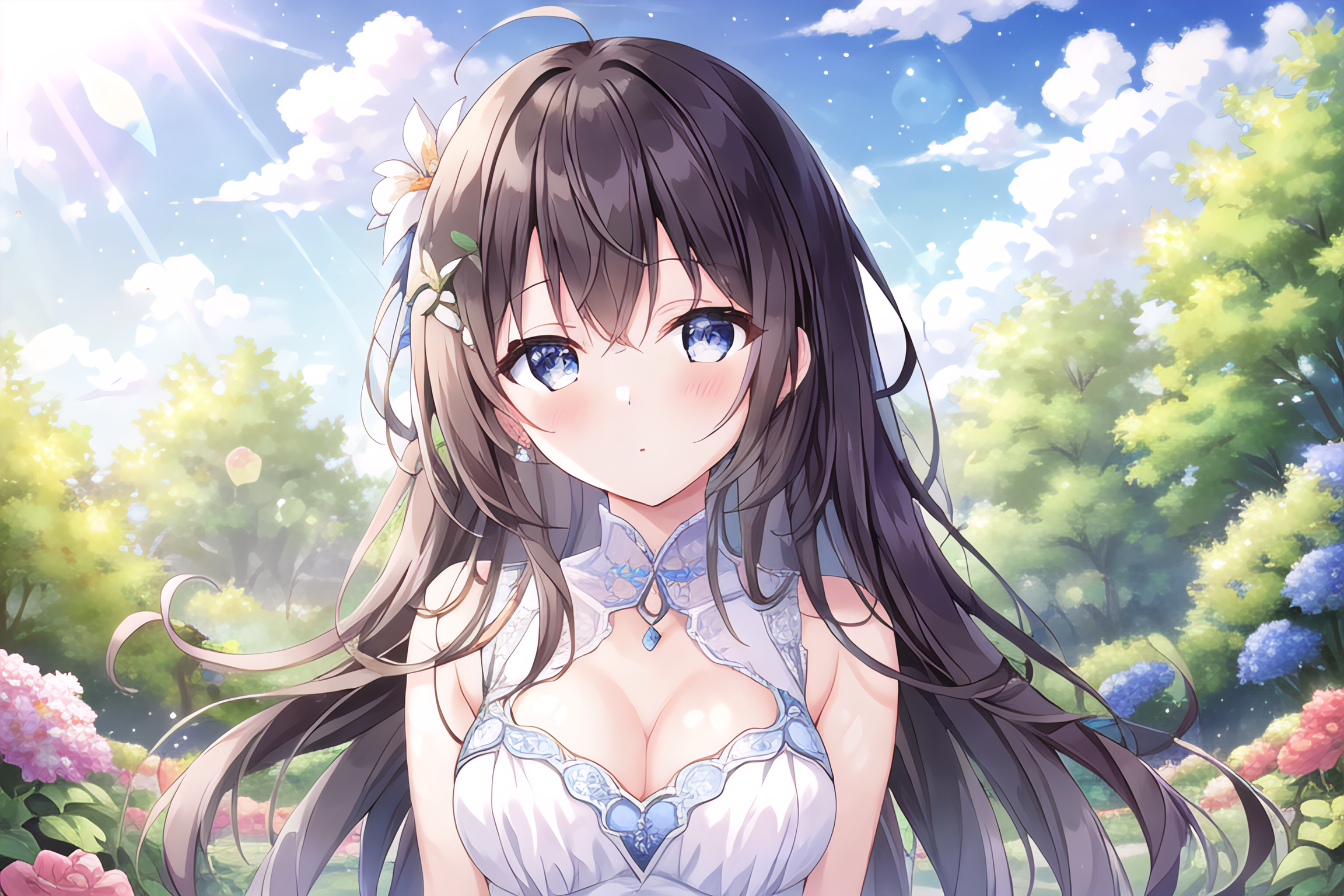 Anime Anime Girls Stable Diffusion Ai Art Artwork Digital Art Blushing Flowers Clouds Trees Flower I 2304x1536