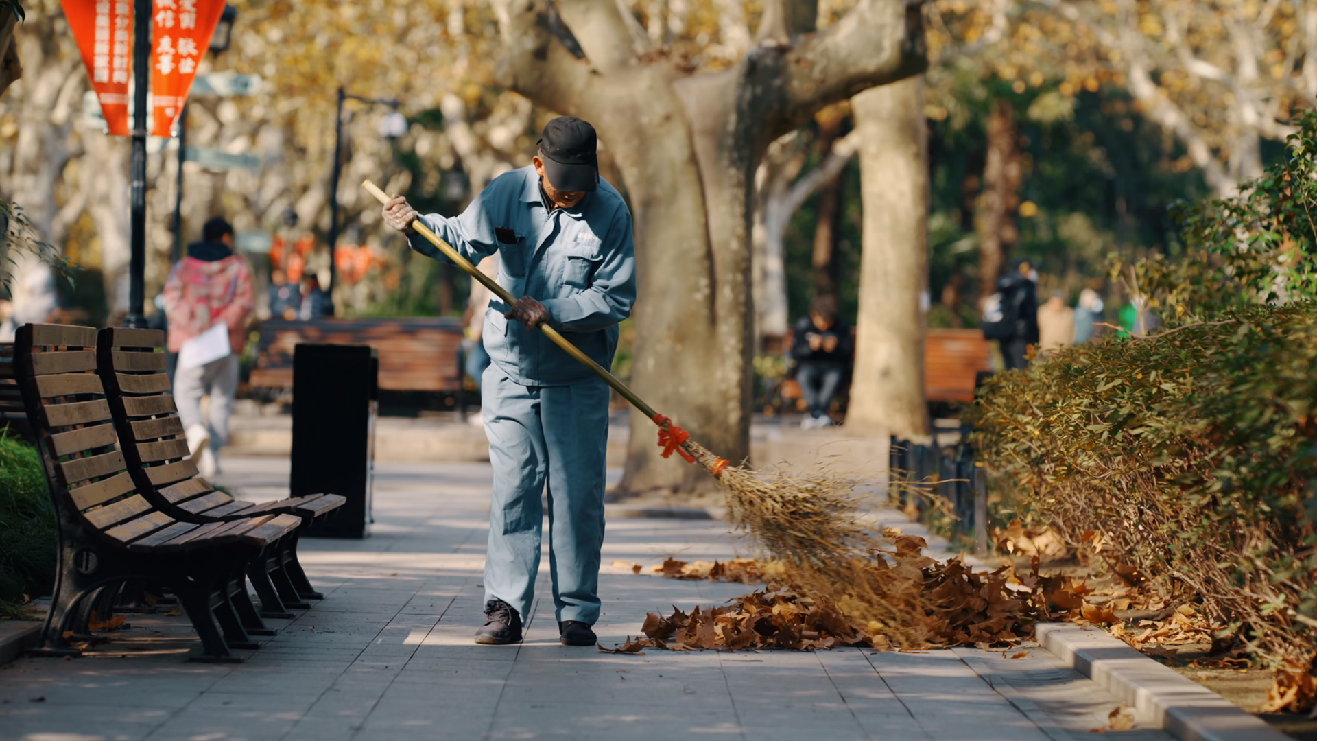 People Street ChongQing Men Broom Cleaning Fallen Leaves Bench Trees Men Outdoors 1920x1080