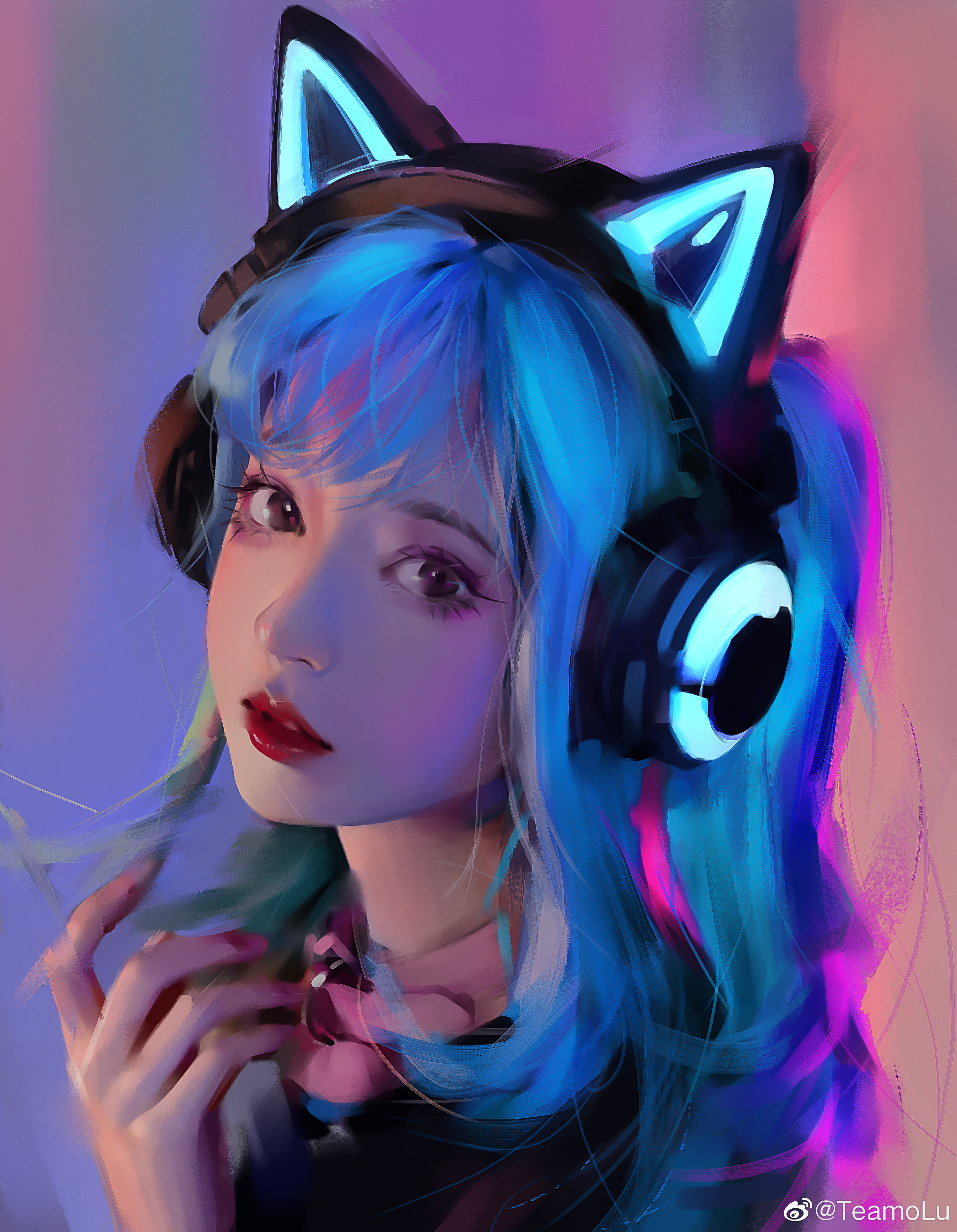 Looking At Viewer Blue Hair Headsets Headphones Cat Ears 3000x3861