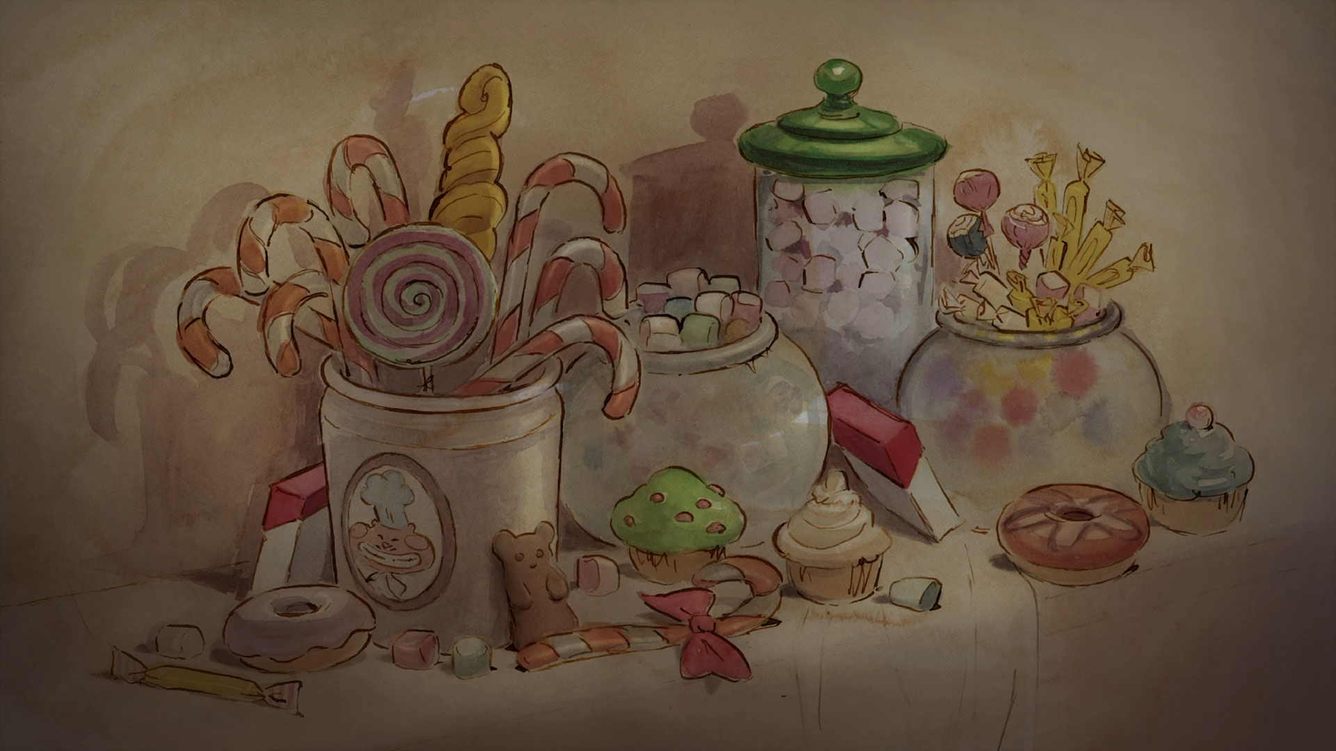 Watercolor Style Screen Shot Ernest Celestine Candy Cupcakes Sweets Candy Cane 1920x1080