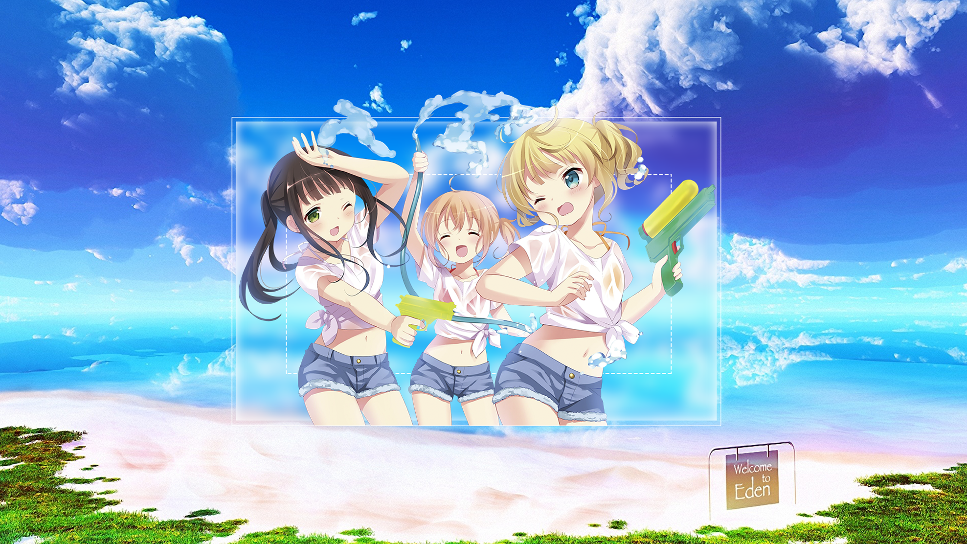 Anime Anime Girls Picture In Picture Summer Sea Sky Gochuumon Wa Usagi Desu Ka Water Guns Clouds 2D 1977x1112