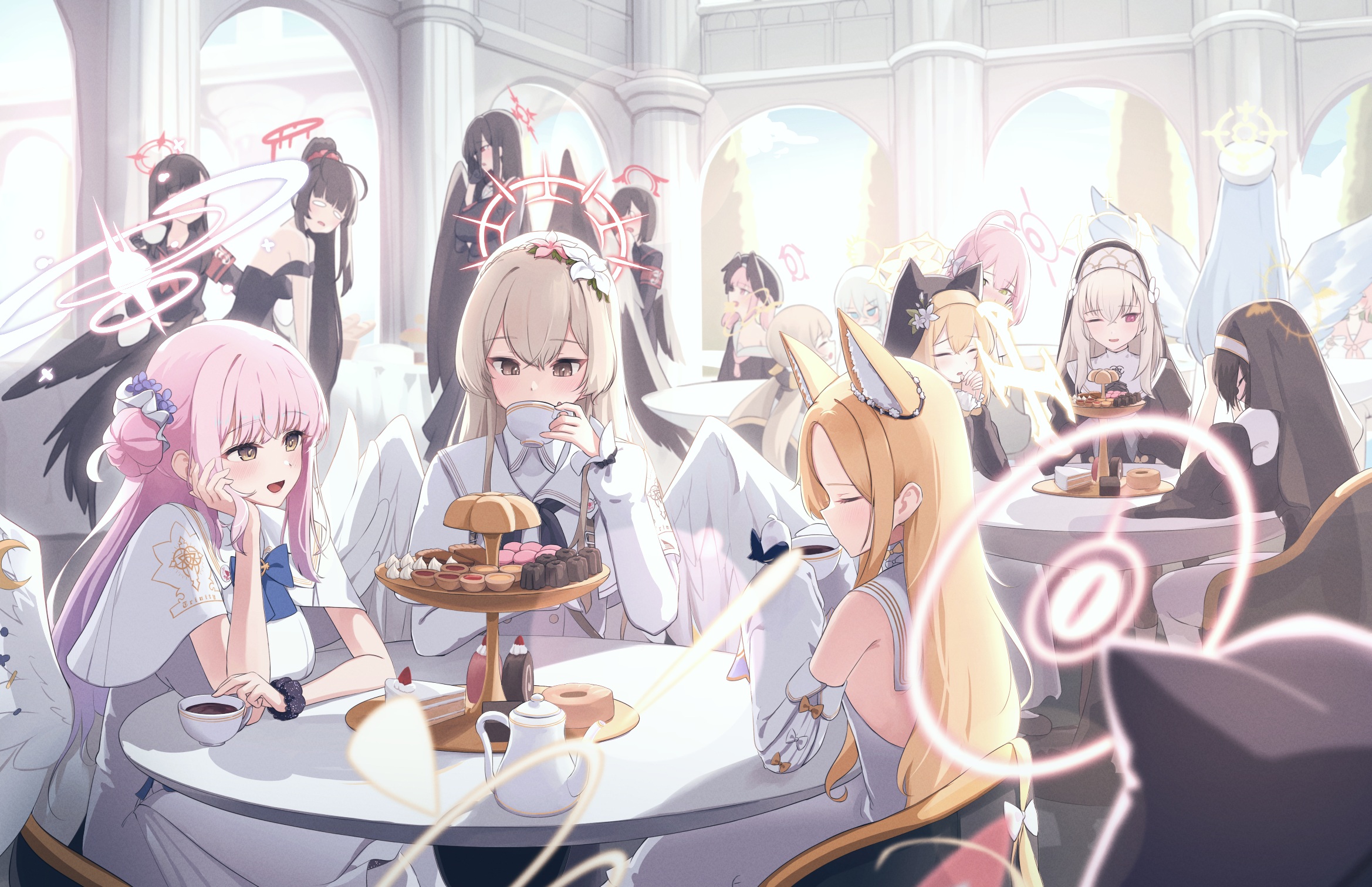 Anime Anime Girls Blue Archive Sitting Table Cup Drink Sweets Wings Nuns Nun Outfit Long Hair Hairbu 2338x1512