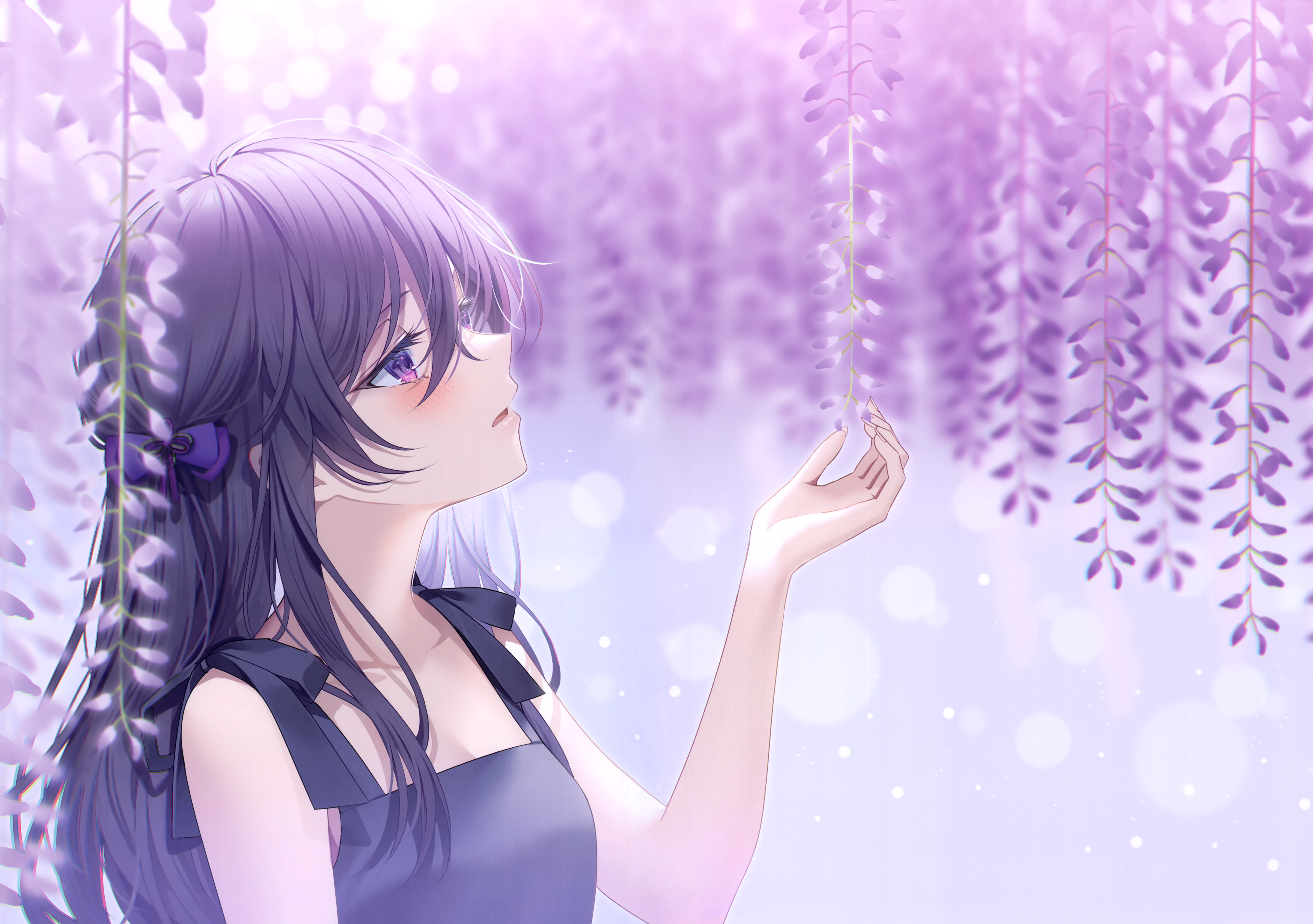 Anime Pixiv Anime Girls Flowers Purple Hair Purple Eyes Blushing Looking Away Bow Tie Long Hair 4868x3426
