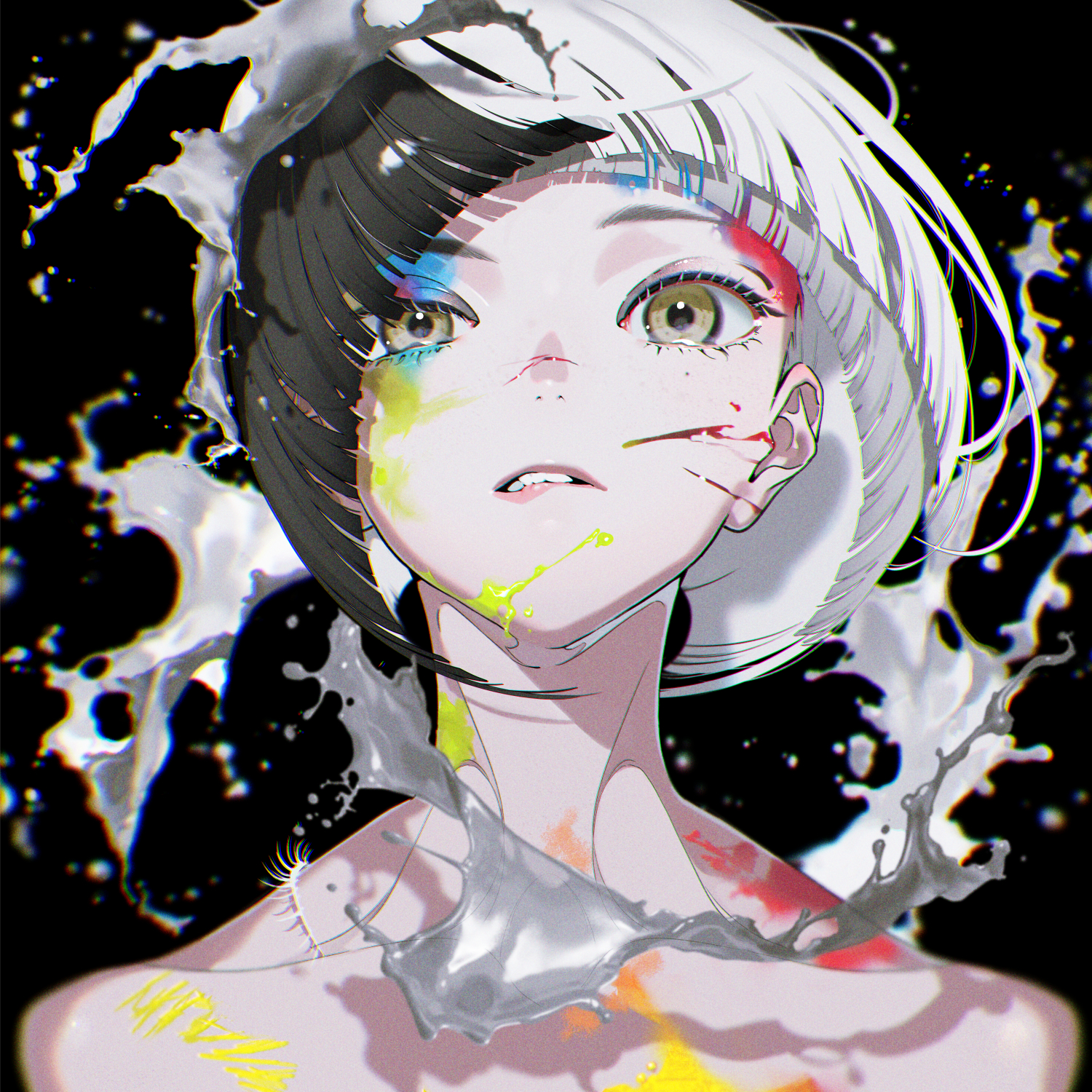 Anime Anime Girls Two Tone Hair Short Hair Looking At Viewer Liquid Simple Background Black Backgrou 1500x1500