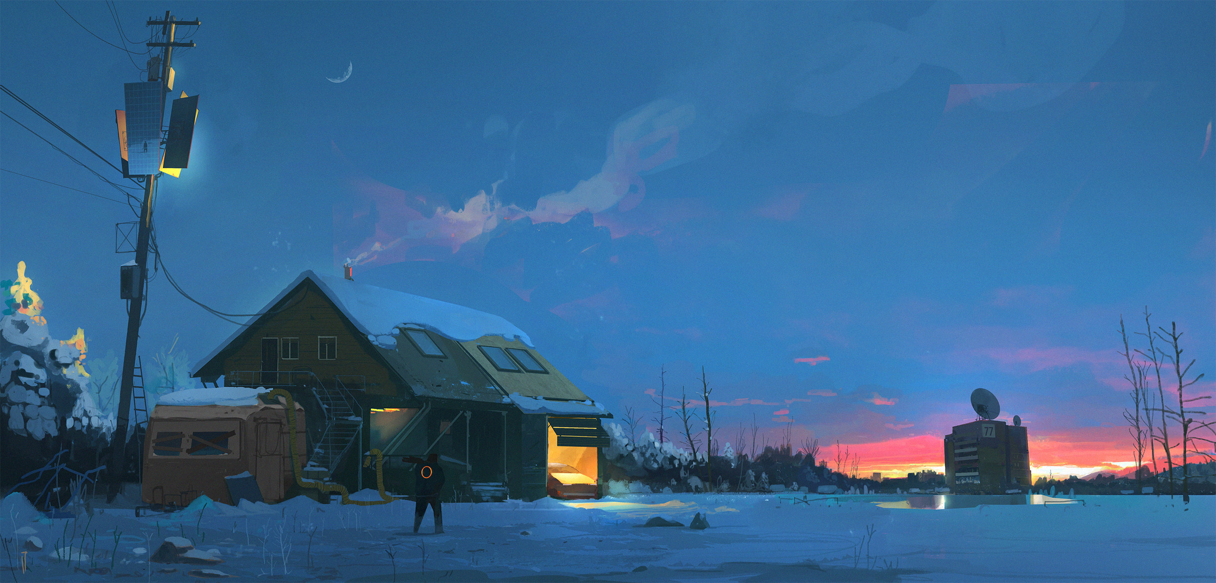 Ismail Inceoglu Digital Art Artwork Illustration Winter Snow Landscape Sunset House Moon Nature Sky 2500x1200