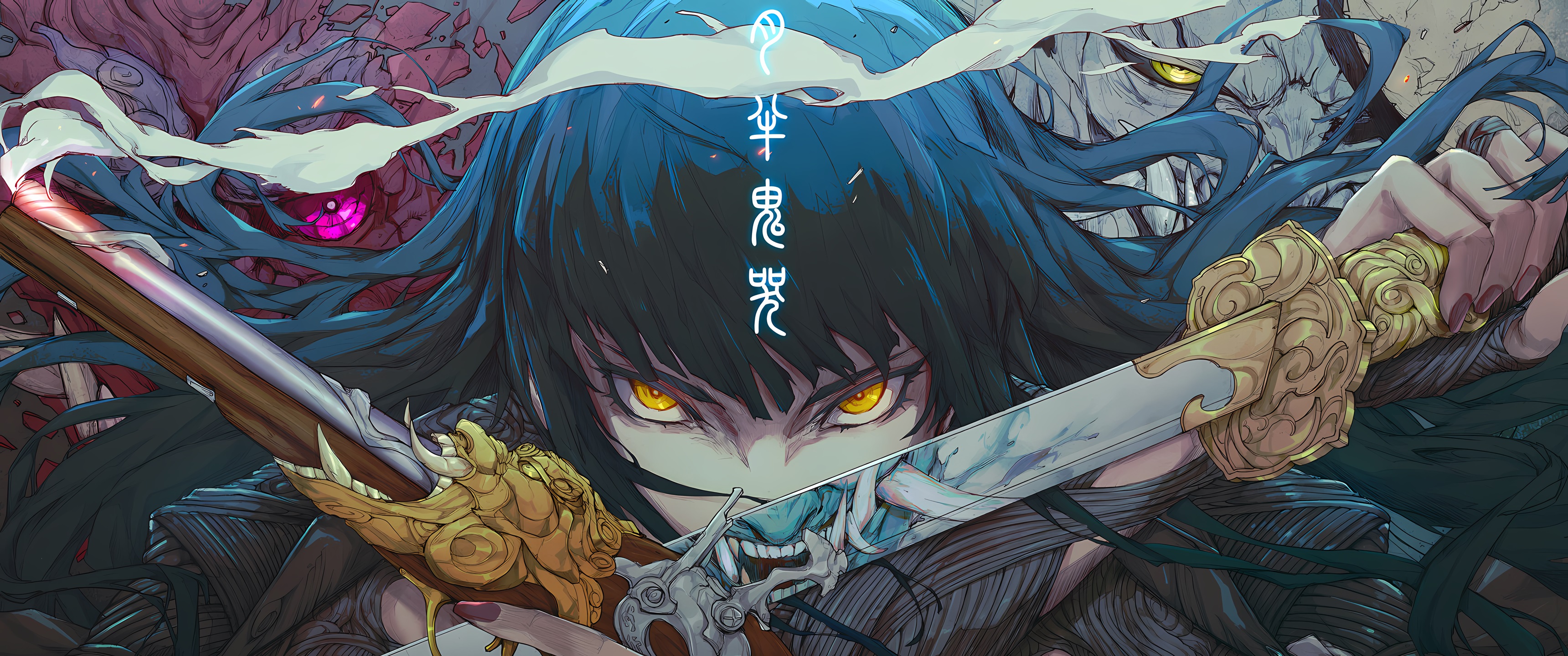 Kanji Long Hair Dragon Blue Hair Yellow Eyes Demon Face Sword Oni Gun Looking At Viewer Smoke Japane 3440x1440