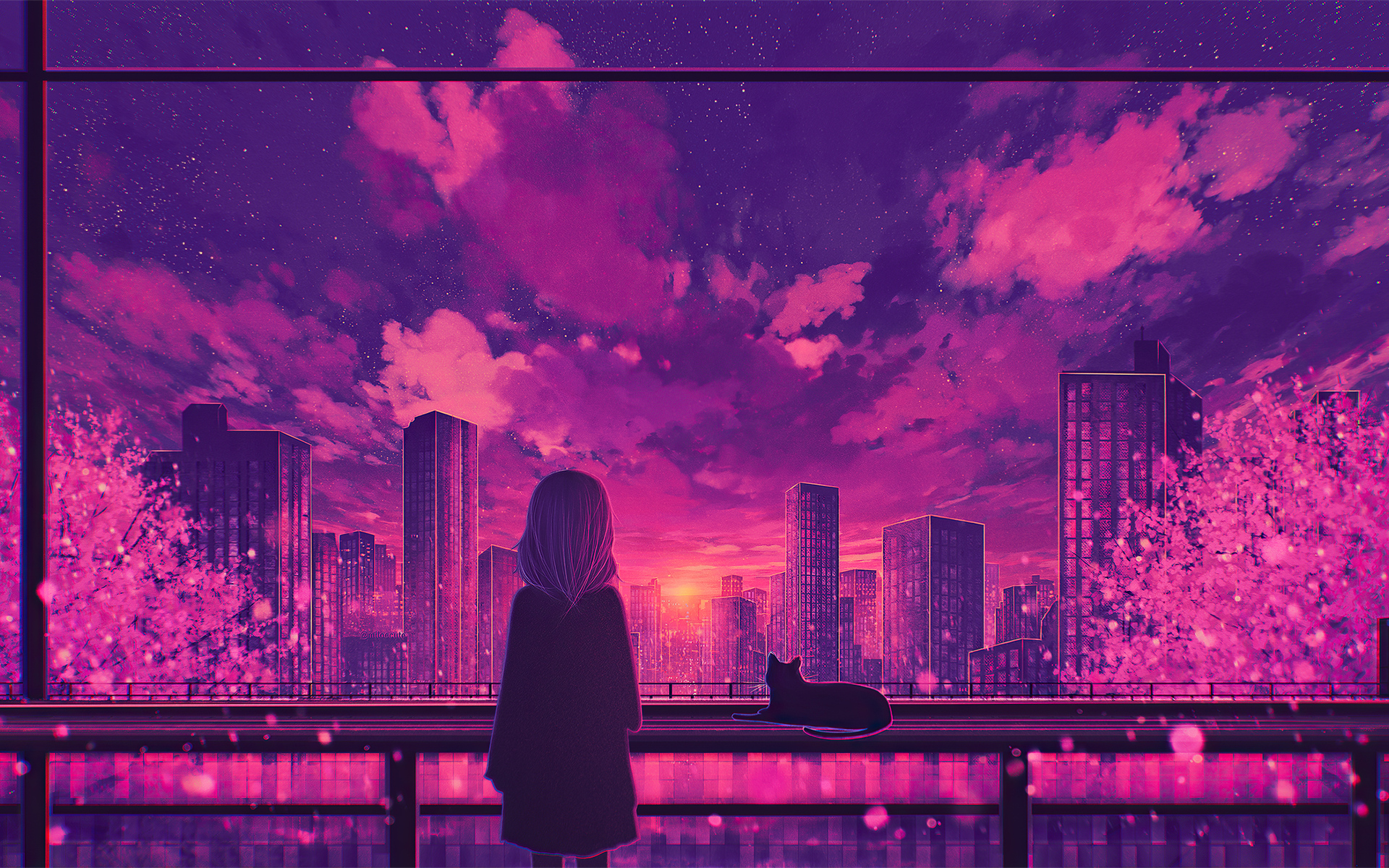 Anime Girls Evening Sunset Sunset Glow Cats City Clouds Building Cherry Blossom Trees Starry Night S 1920x1200