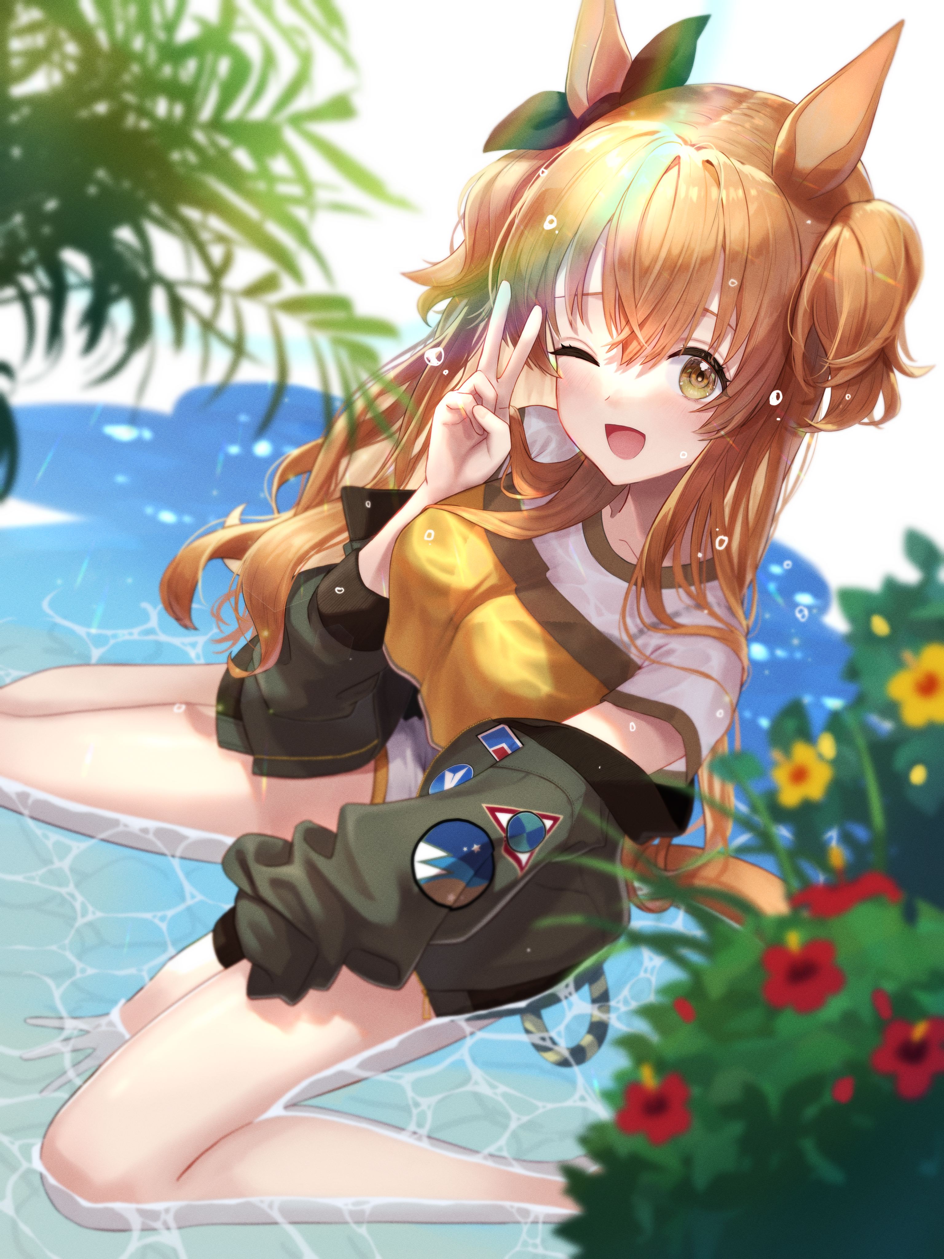 Mayano Top Gun Uma Musume Uma Musume Pretty Derby Anime Girls Peace Sign Water Flowers Wink Animal E 3072x4096