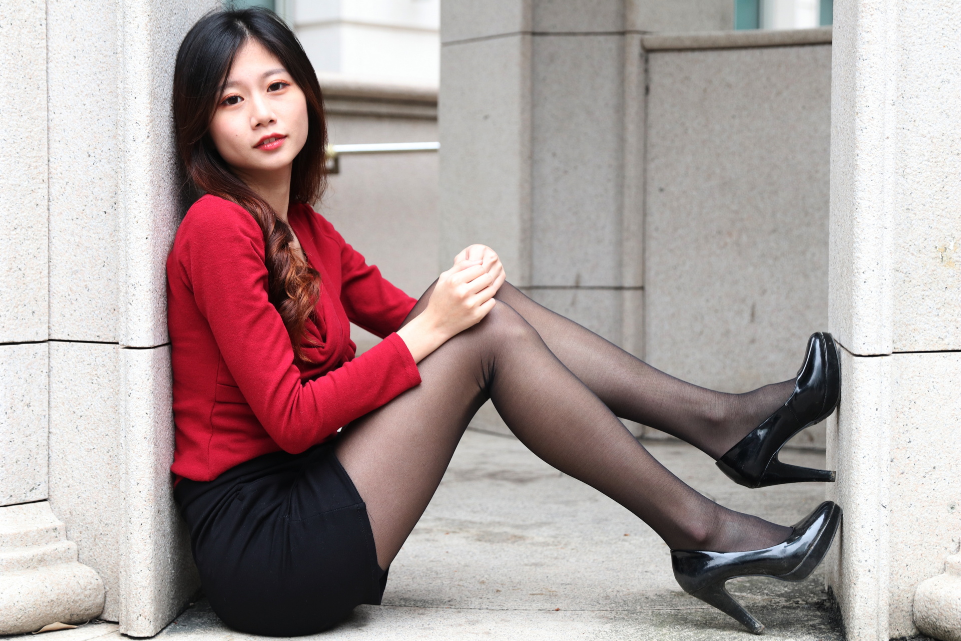 Asian Model Women Long Hair Dark Hair Sitting Nylons Heels 1920x1280