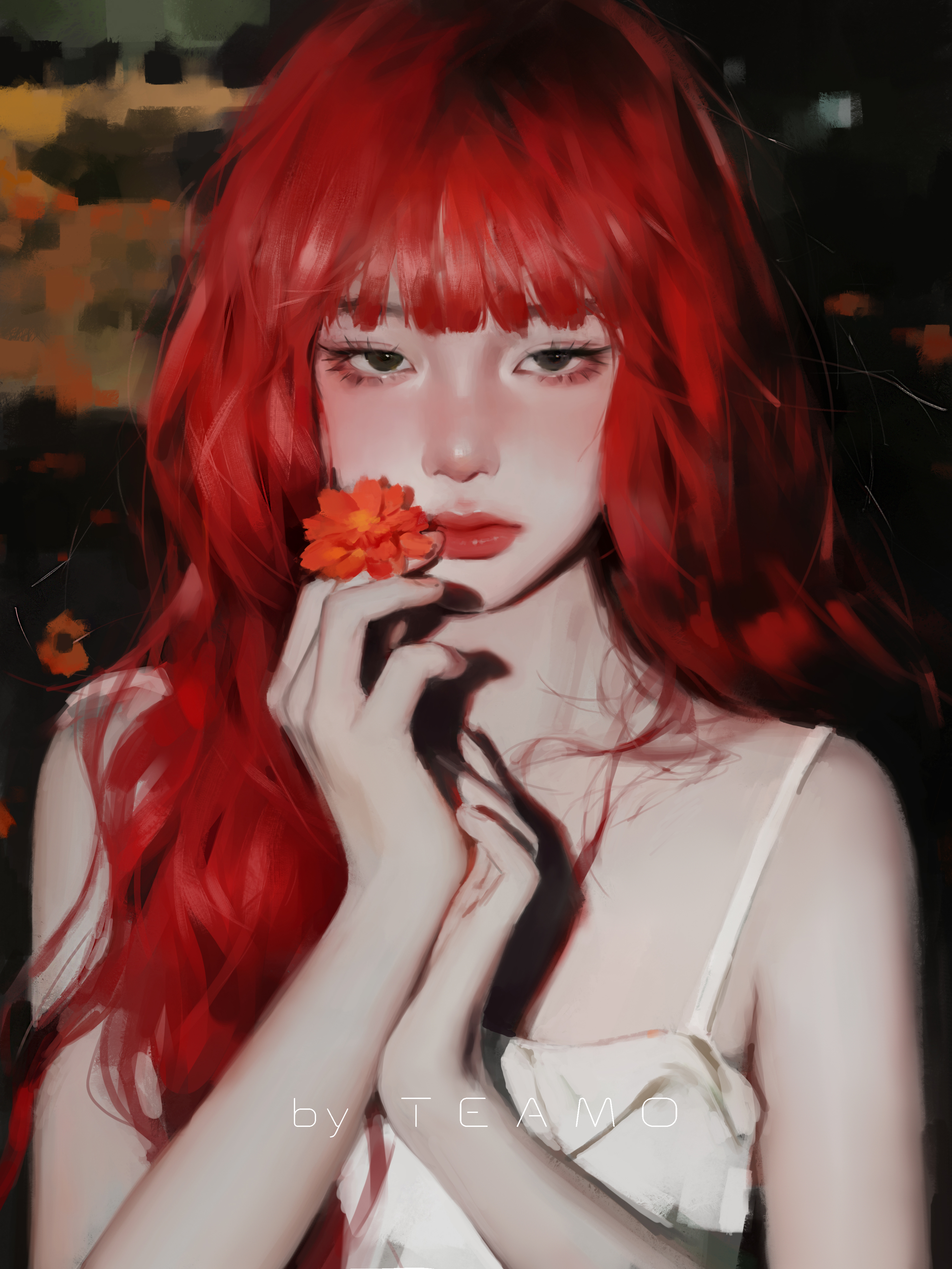 Digital Art Artwork Illustration Women Redhead Long Hair Portrait Flowers Red Lipstick Asian Pale Lo 3000x4000