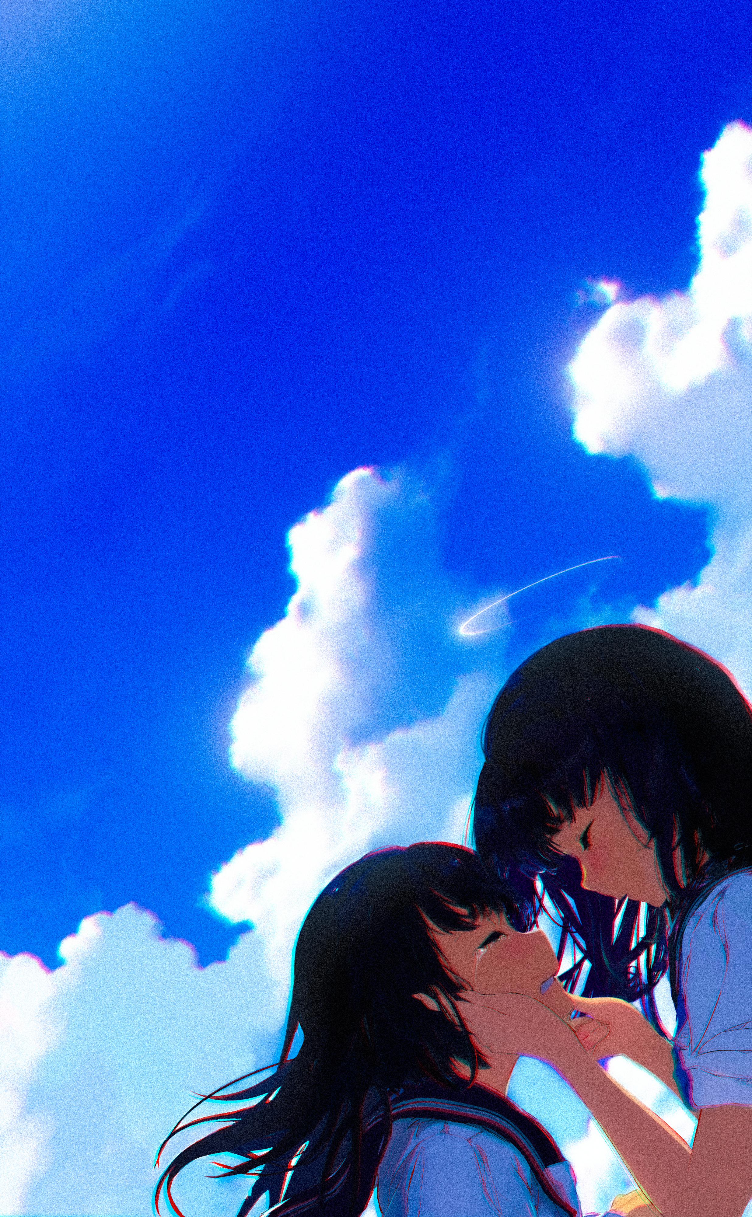 Chromatic Aberration Crying Sky School Uniform Anime Girls Tears Clouds 2471x4000