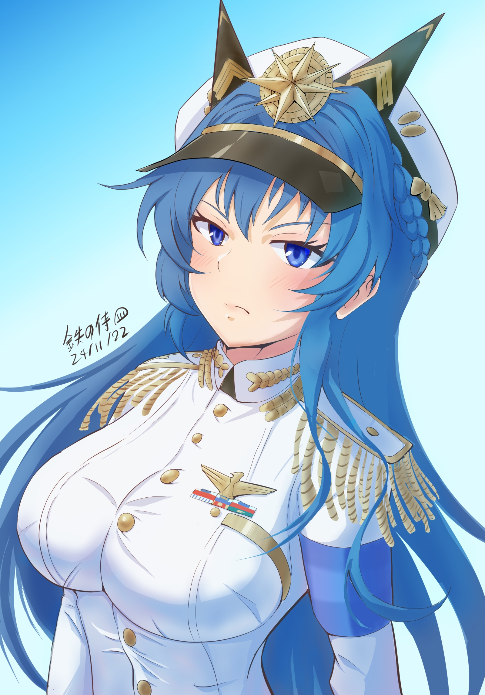 Anime Anime Girls Nikke The Goddess Of Victory Helm Nikke Long Hair Blue Hair Military Uniform Solo  1600x2289
