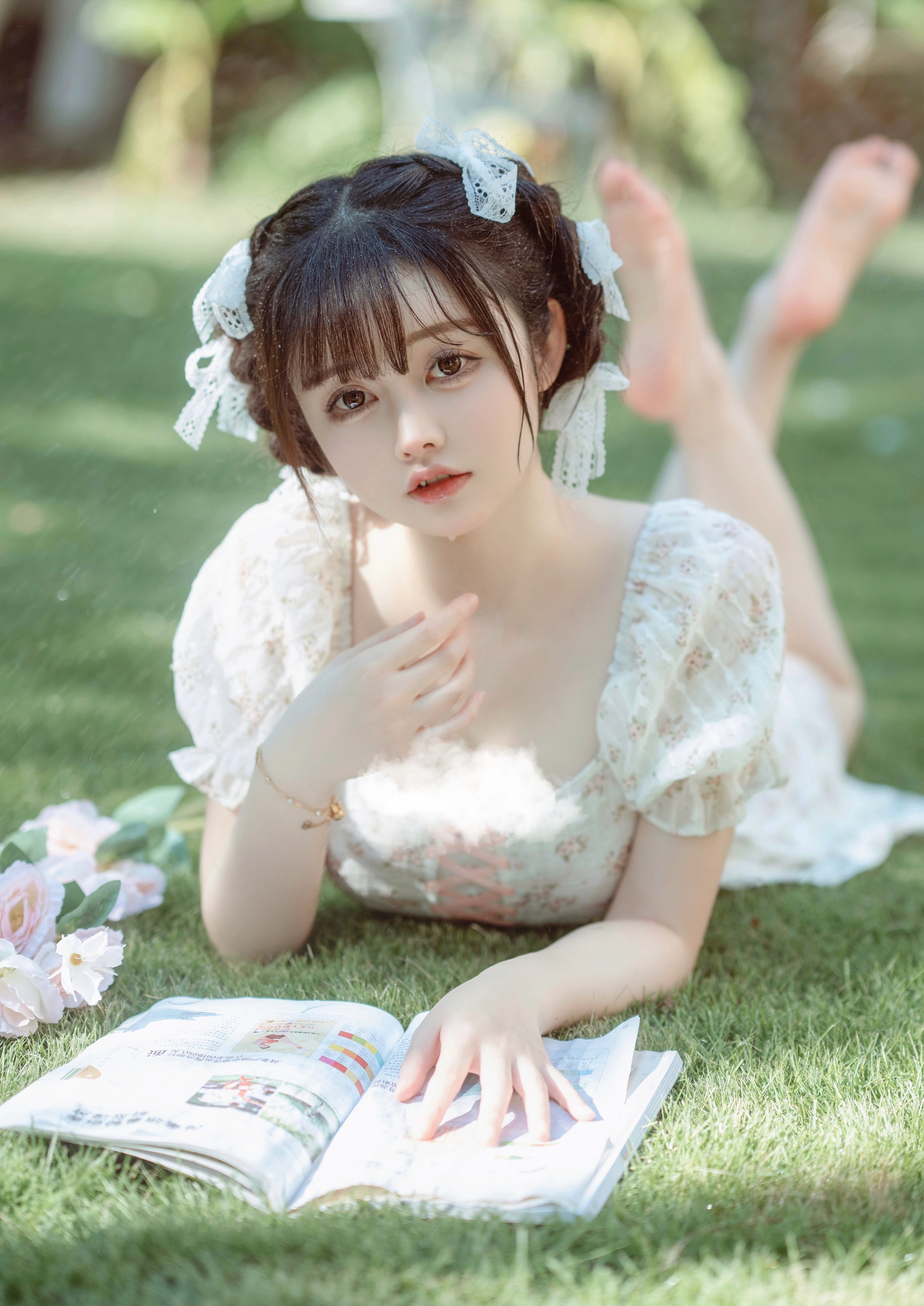Asian Feet In The Air Lying On Front Feet White Dress 2854x4032
