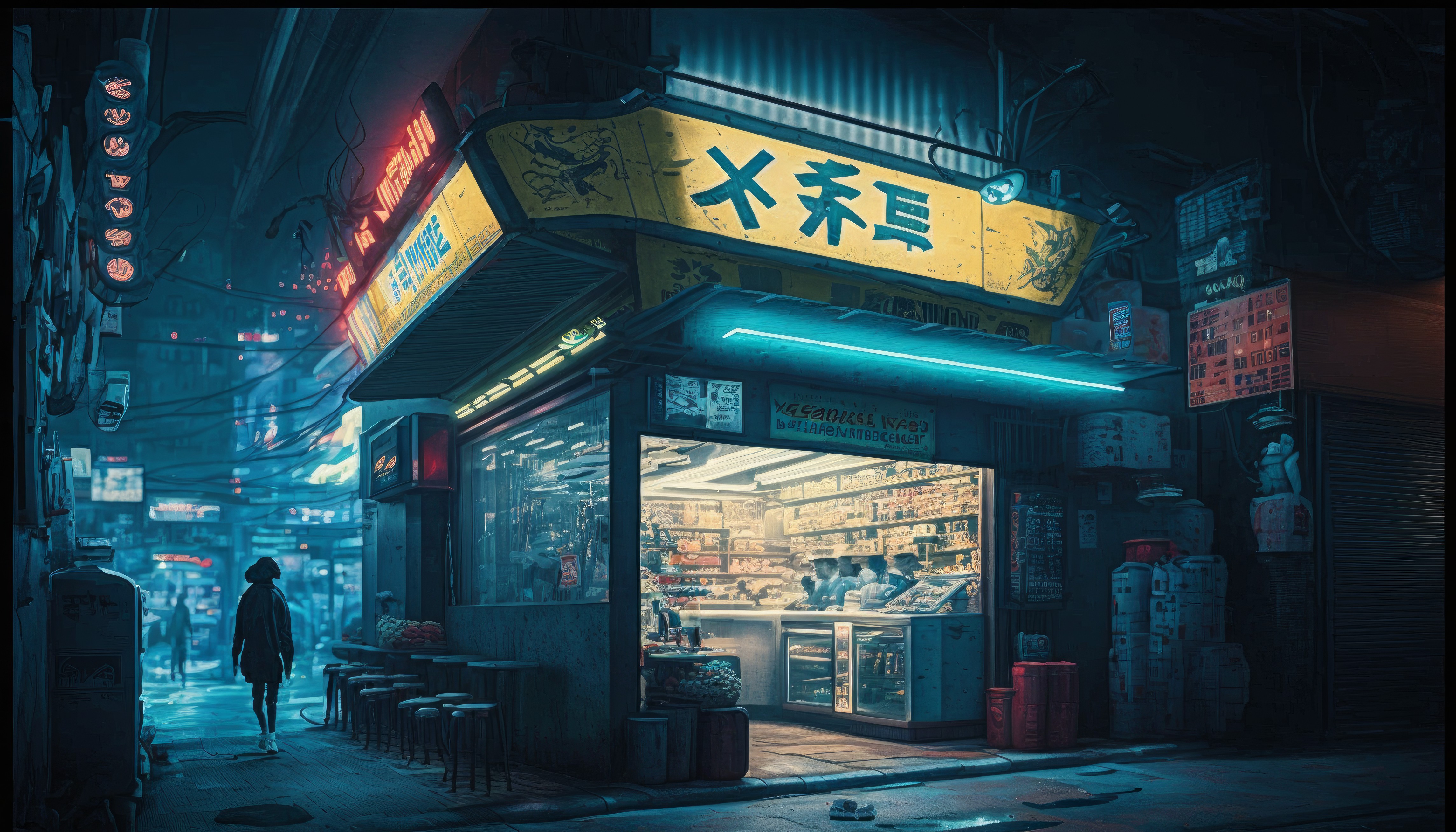 Ai Art Illustration Tokyo Japan Street Neon Food Lights 4579x2616