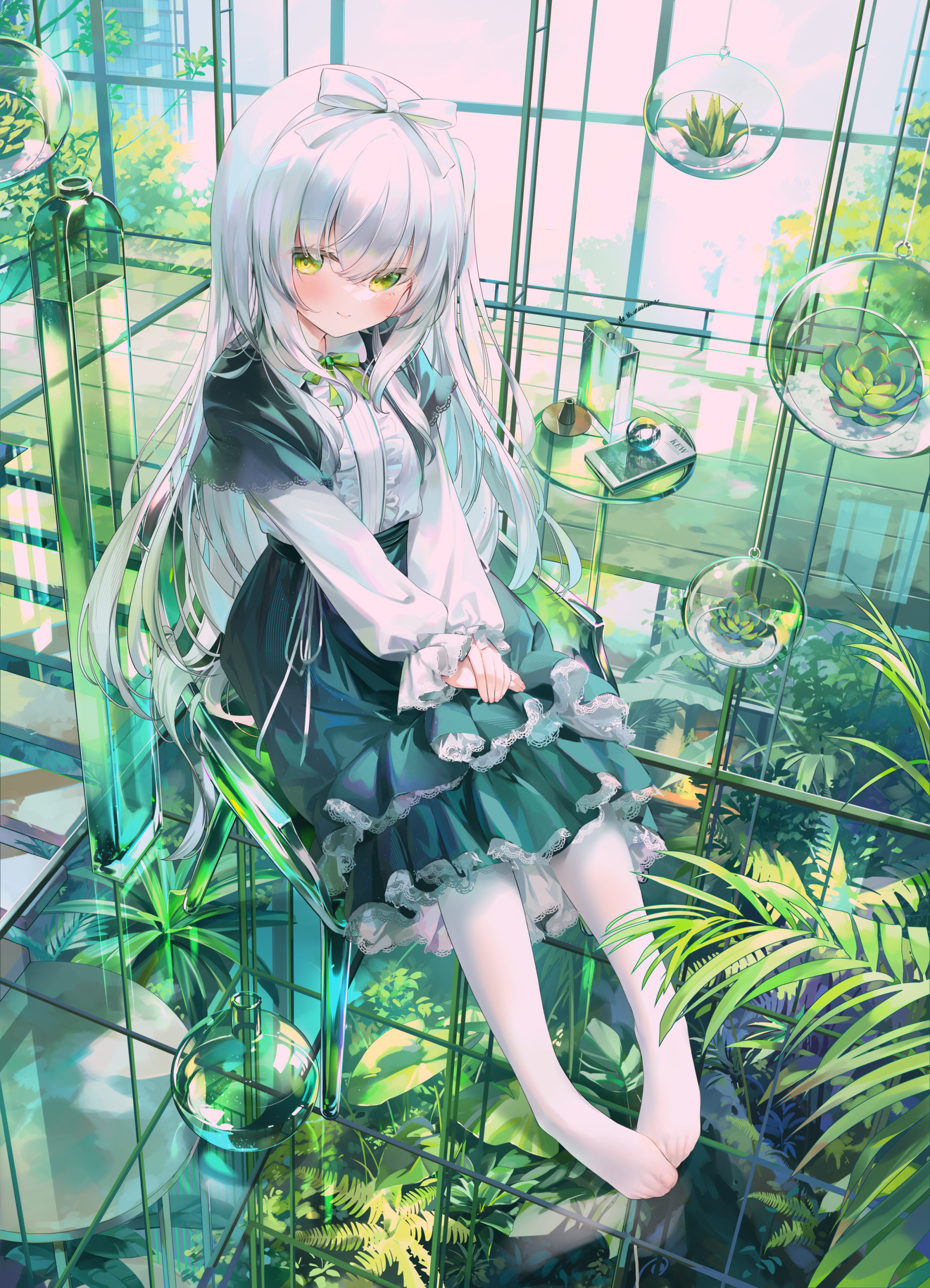 Anime Girls White Hair Green Eyes Vertical Leaves Long Hair Chair Bow Tie Blushing Smiling Plants Dr 2166x3000
