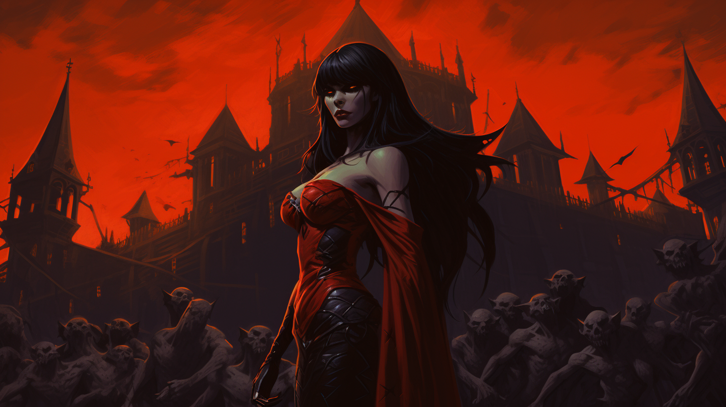 Vampirella Demon Red Vampire Girl Castle Dark Comic Character Red Dress Digital Art Low Light 1456x816
