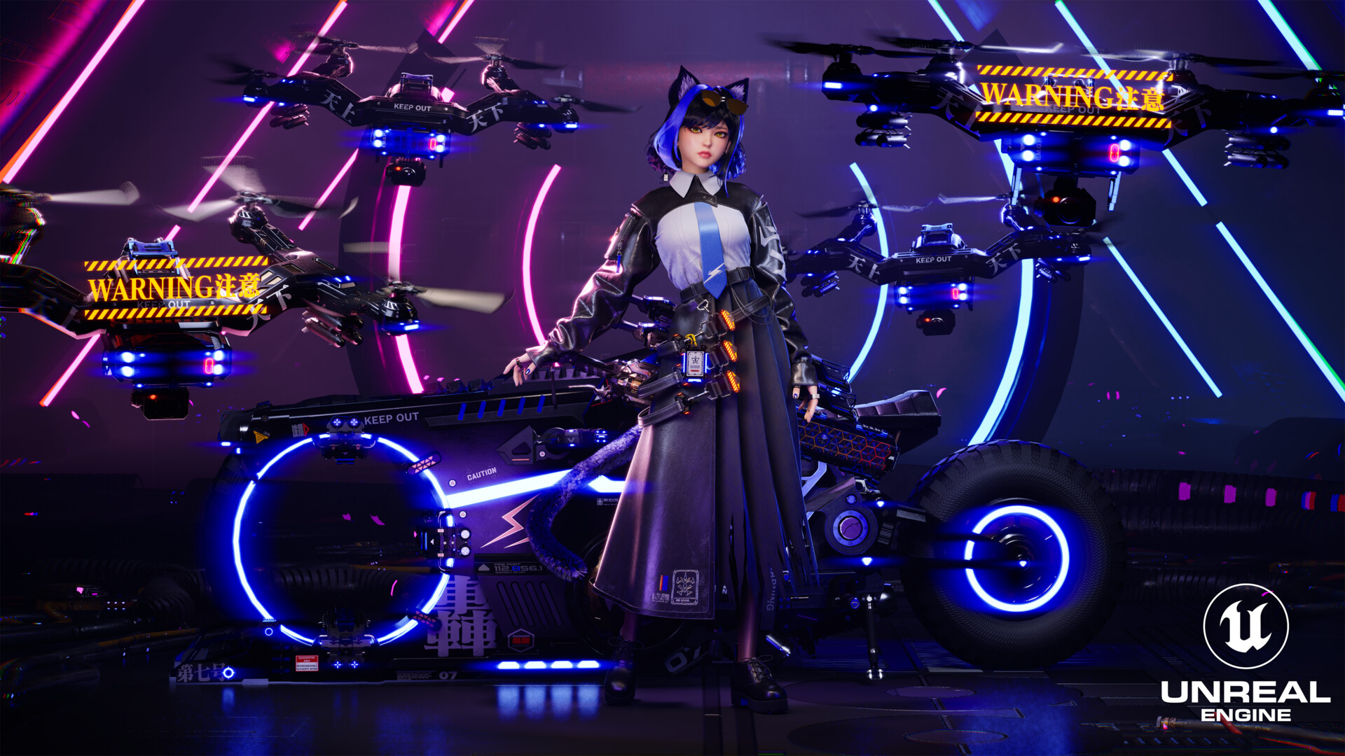 Kai Neko CGi Women Blue Hair Cyberpunk Neon Drone Purple Motorcycle Gun Short Hair Looking At Viewer 1920x1080