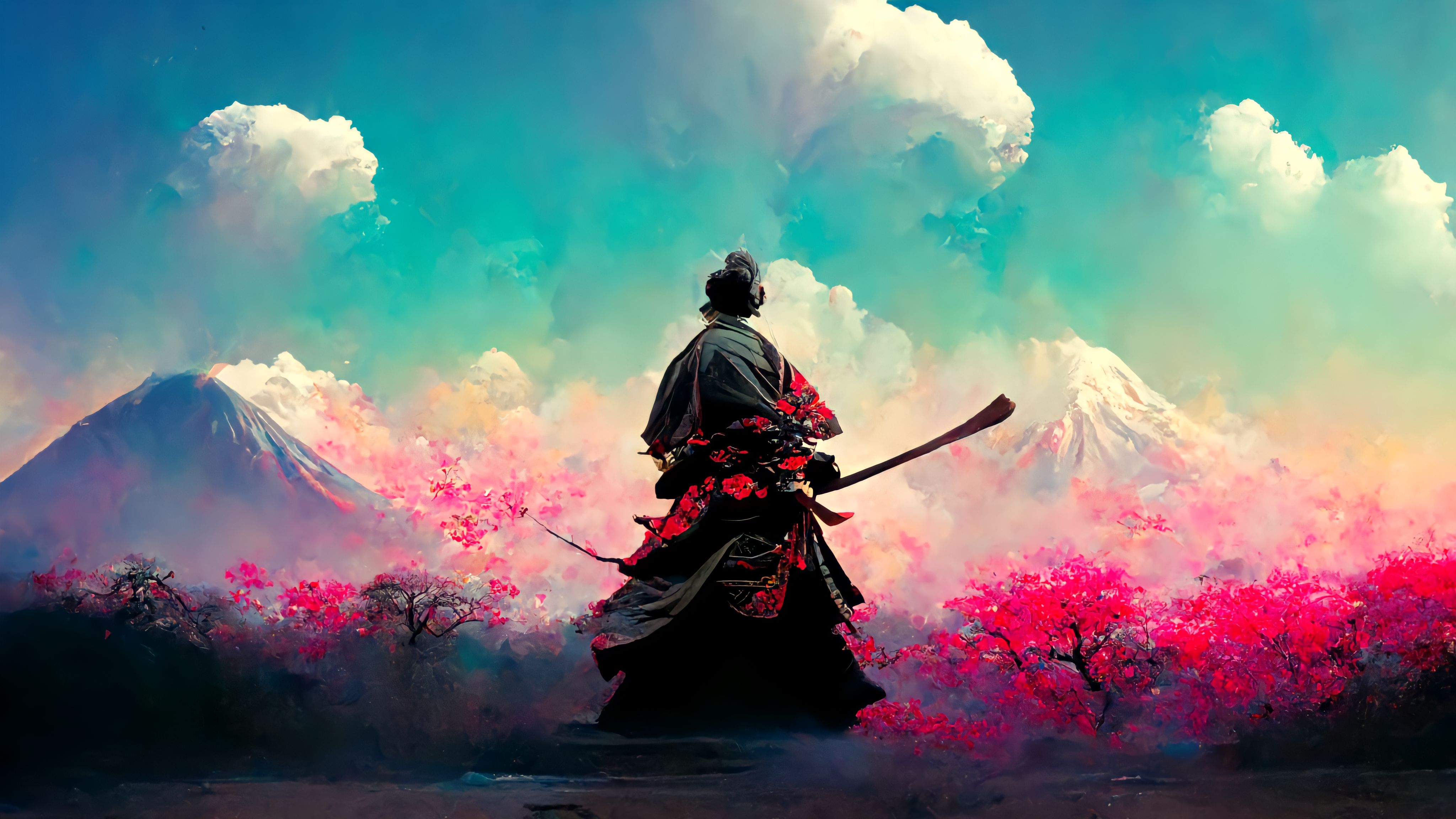 Samurai Japan Blossoms Mountains Nature Japanese Art IA Art 4096x2304