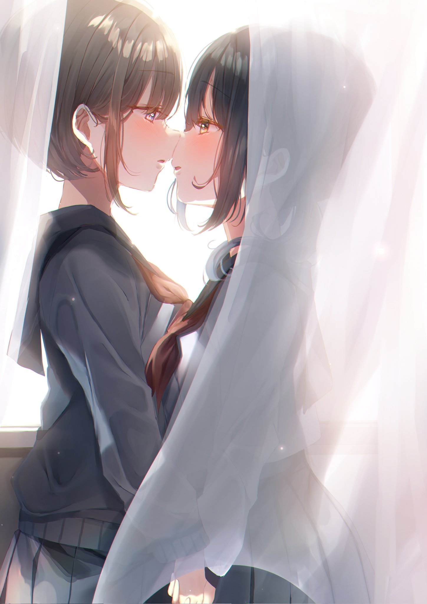 Anime Anime Girls Portrait Display Schoolgirl School Uniform Blushing Curtains Kissing Holding Hands 1449x2048