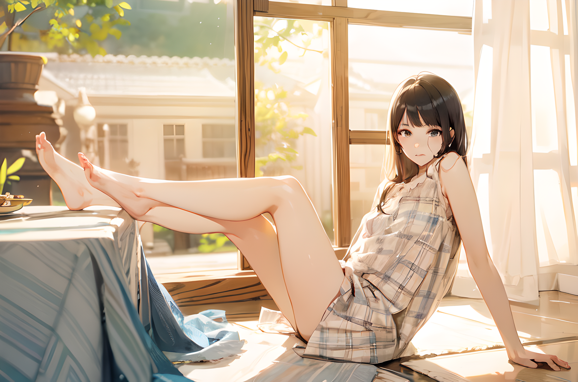 Anime Anime Girls Feet Foot Sole Long Hair Looking At Viewer Sunlight Curtains Leaves 1840x1216