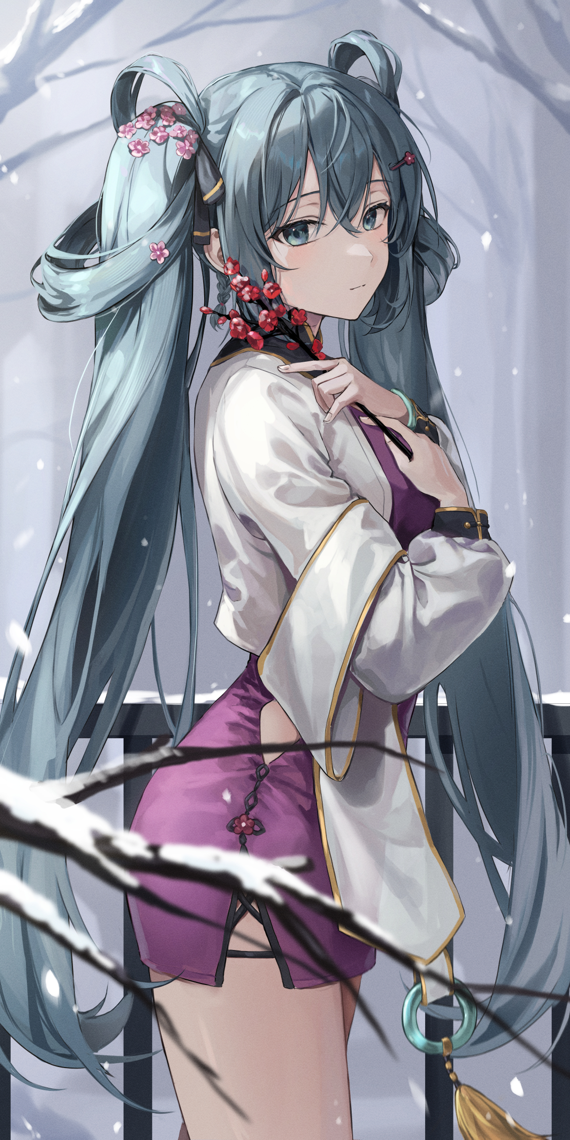 Anime Anime Girls Vertical Long Hair Hatsune Miku Vocaloid Twintails Snow Branch Looking At Viewer 1125x2250