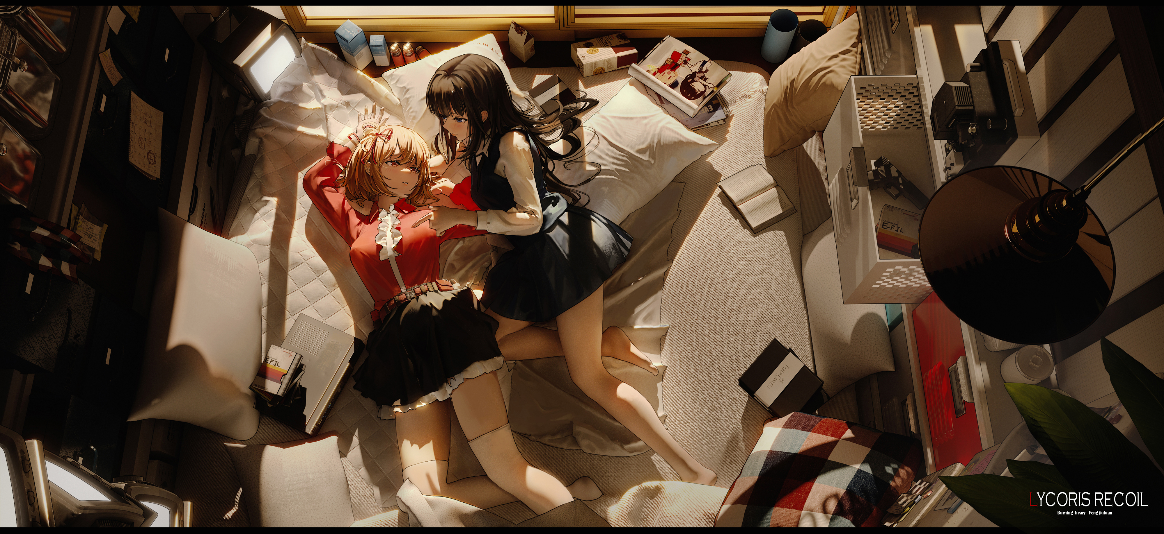 Anime Anime Girls Lycoris Recoil Inoue Takina Nishikigi Chisato Lying Down Lying On Back Pillow Long 4000x1838