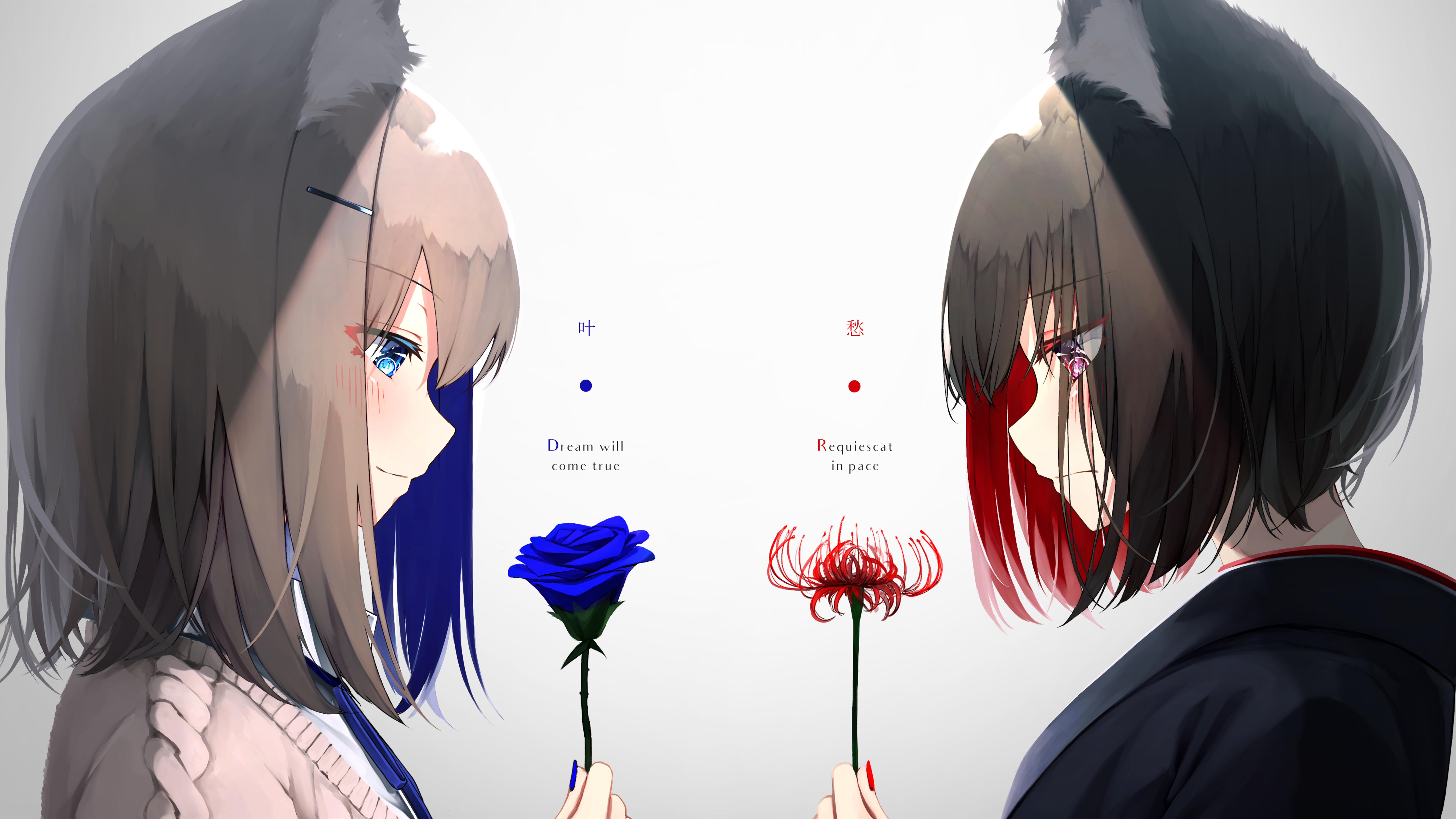 Anime Anime Girls Original Characters Rose Blue Rose Flowers Animal Ears Fox Ears Fox Girl 7680x4320