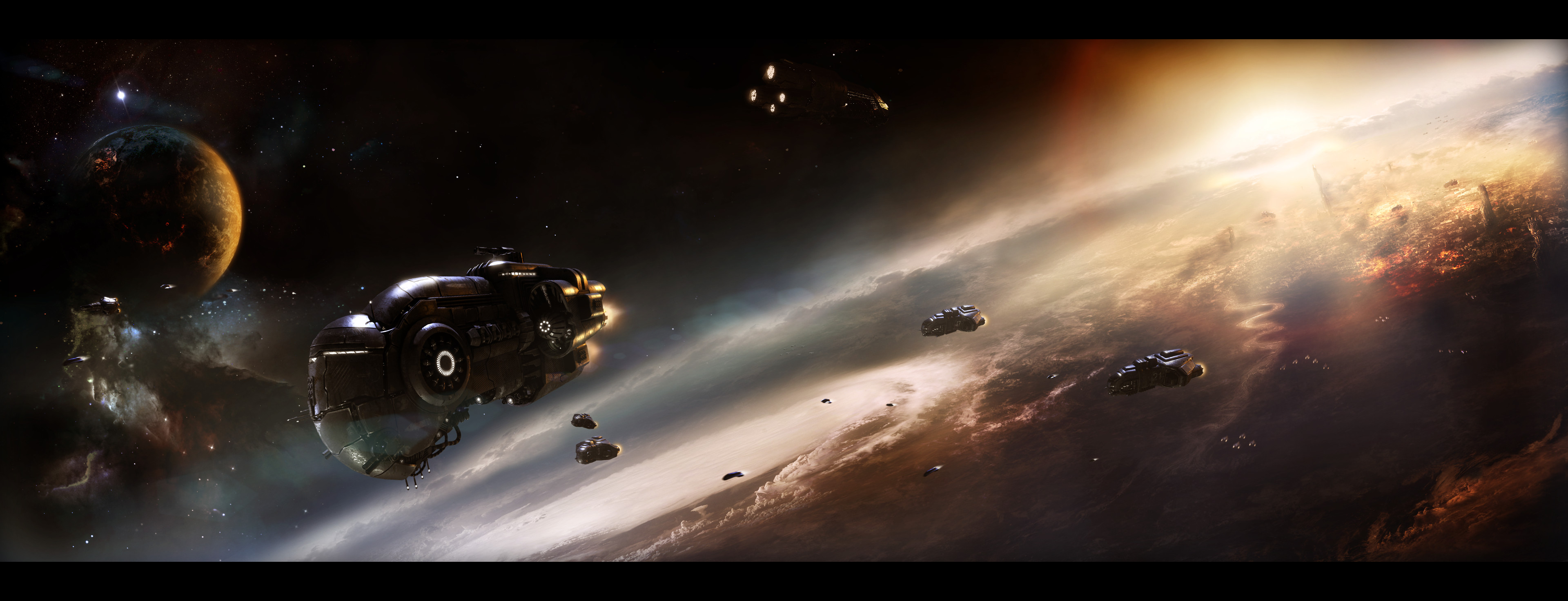 Science Fiction High Tech Space Planet Sun Spaceship Sky Stars Storm Clouds 3840x1472