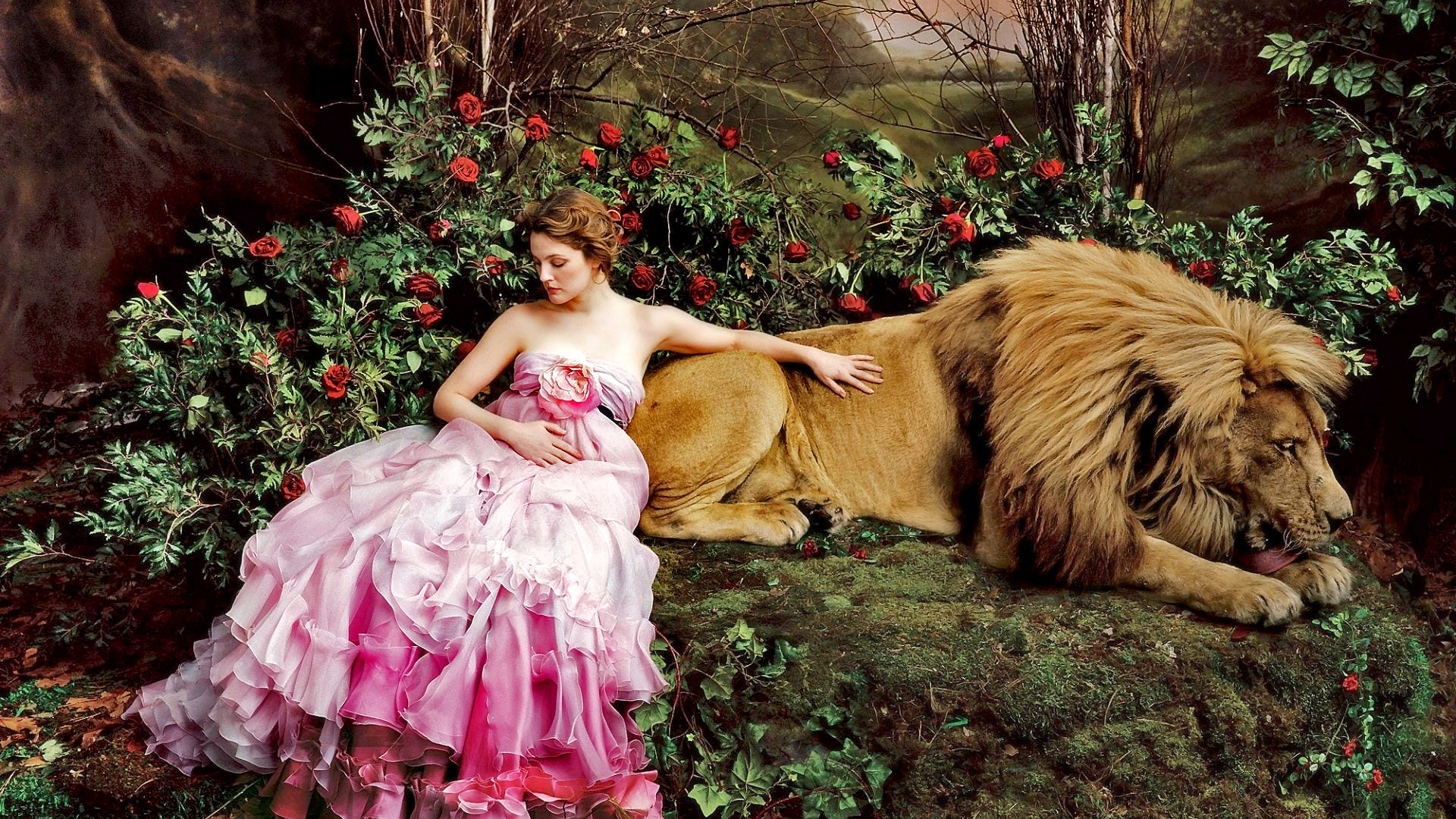 Drew Barrymore Lion Rose Closed Set Pink Dress 1920x1080