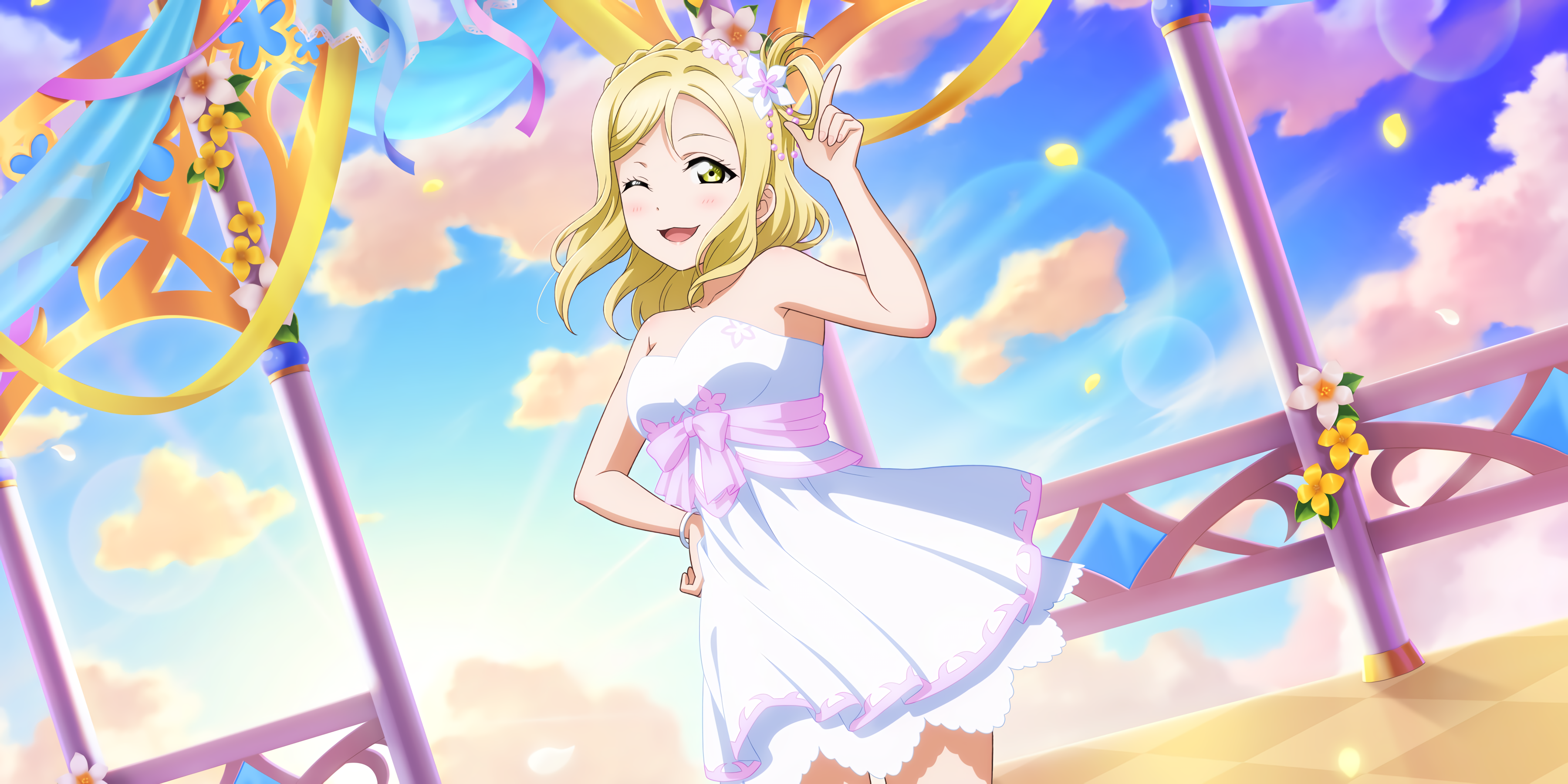 Ohara Mari Love Live Sunshine Love Live Anime Anime Girls Wink Blonde Flowers 3600x1800
