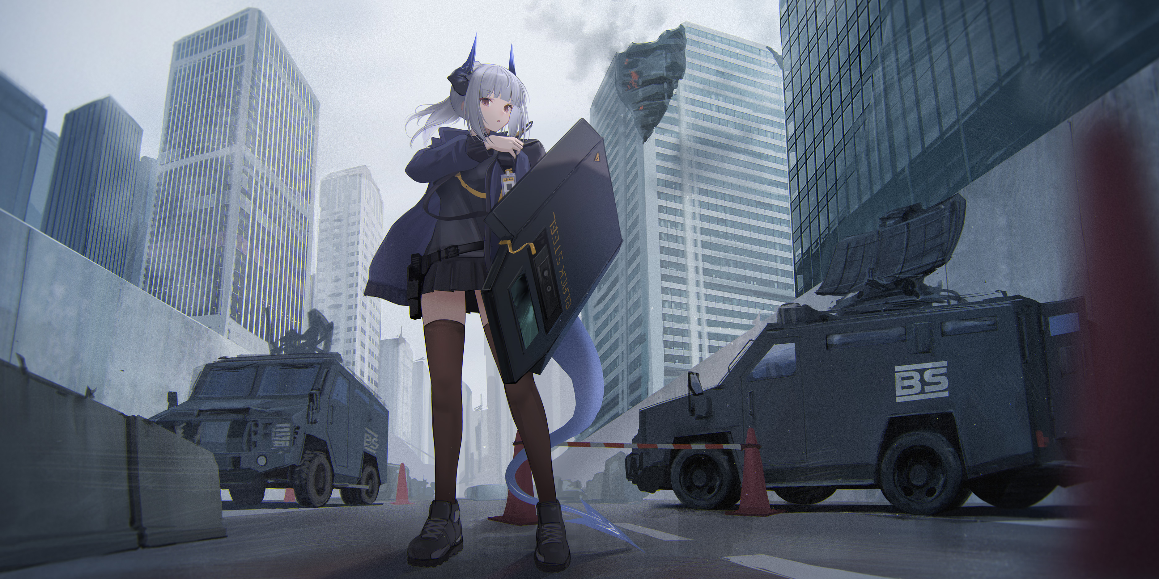 Anime Anime Girls Weapon Gun Artwork Shield Liskarm Arknights Arknights Standing Looking At Viewer B 3750x1875