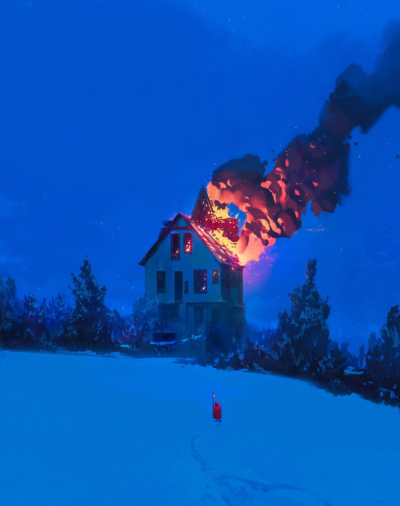 Jocelin Carmes Digital Art Illustration Dark Fictional Burning Portrait Display Fire Snow Trees Hous 1620x2048