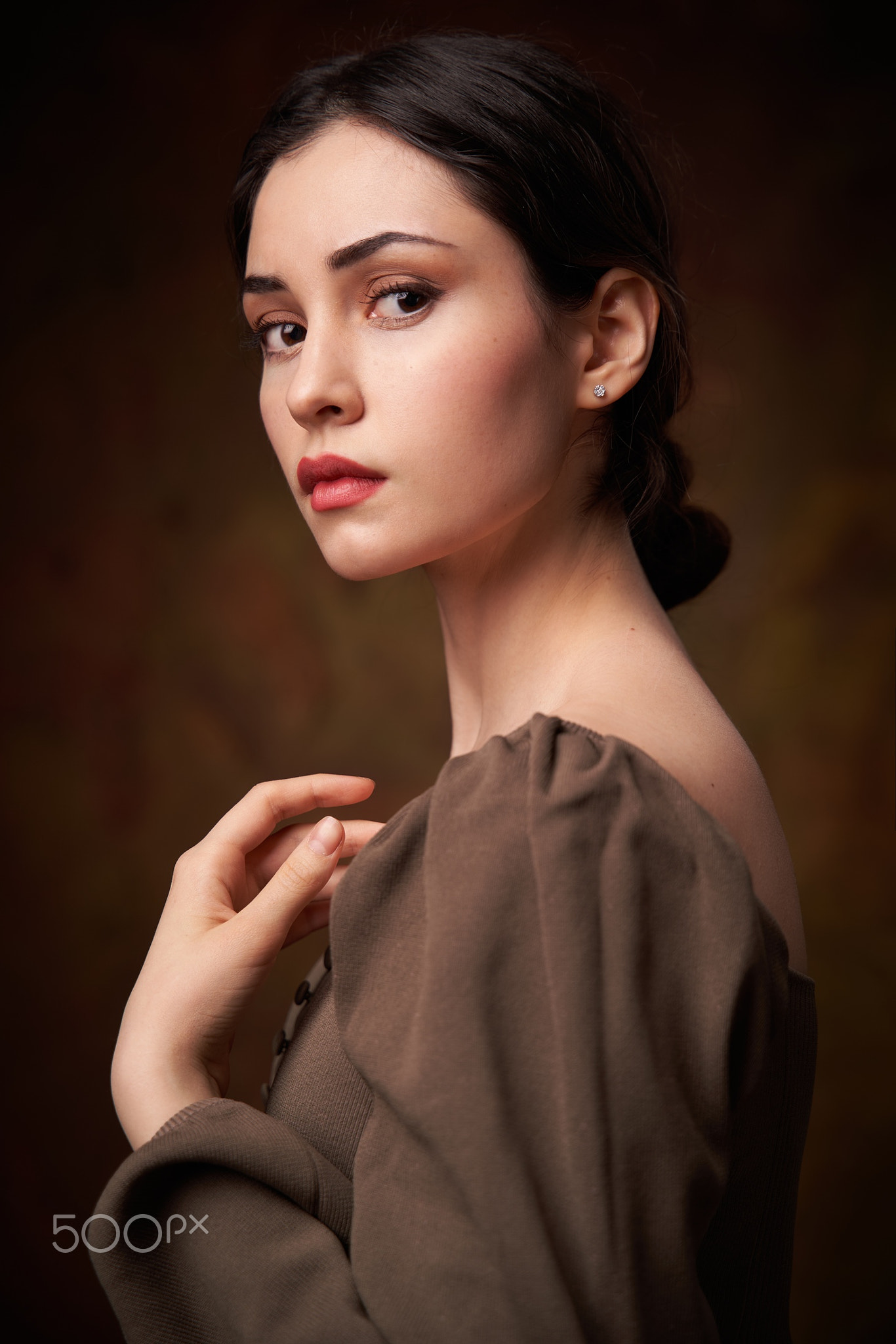 Alexander Vinogradov Women Dark Hair Makeup Brown Clothing Simple Background 1366x2048