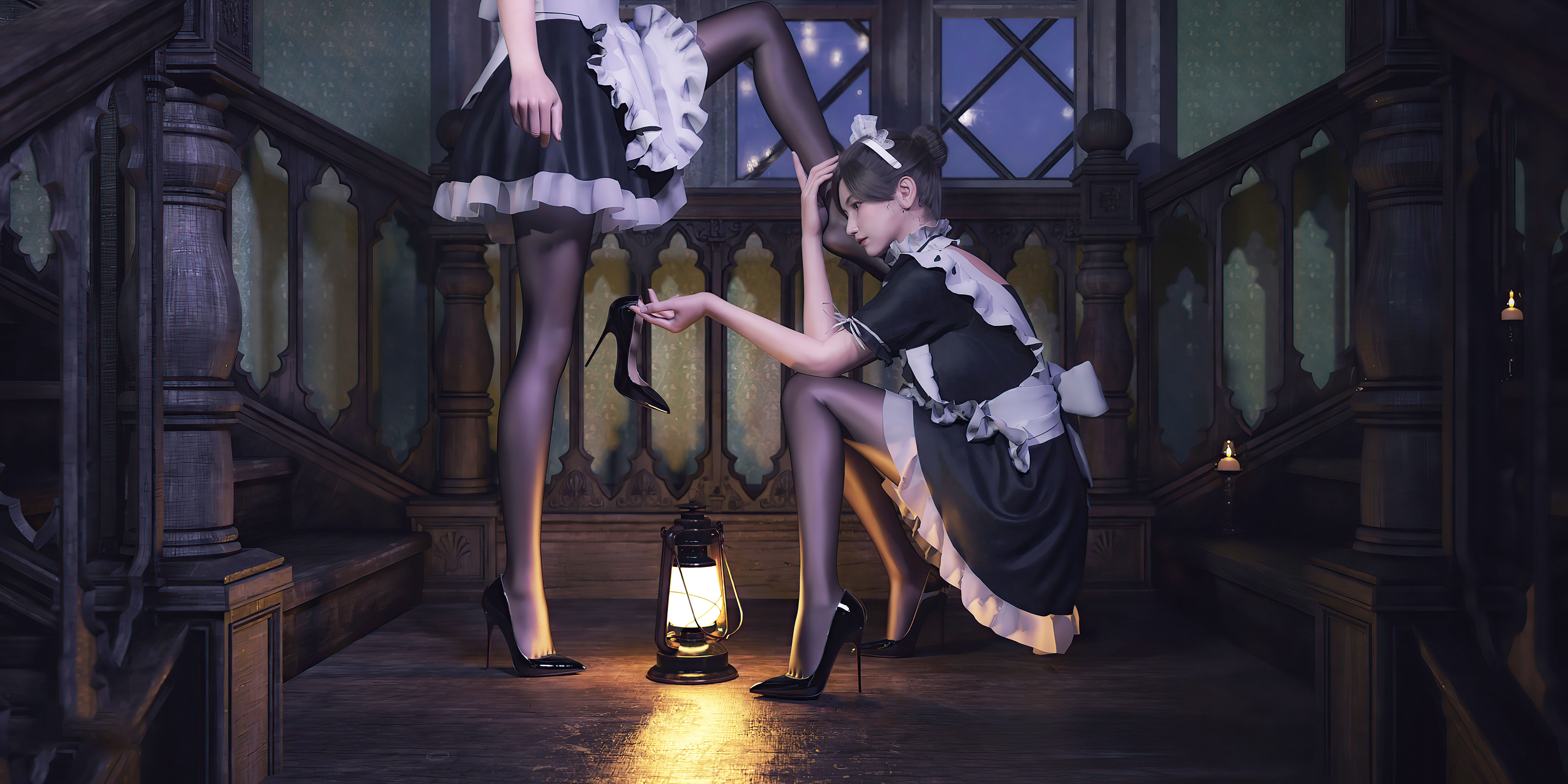 Nvpu Maid Outfit Women CGi Maid Heels Lantern 7680x3840