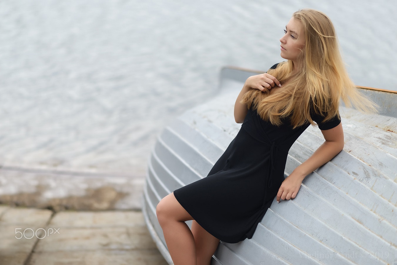 Blonde Hair Women Model 500px Dress Black Dress Boat 1350x901