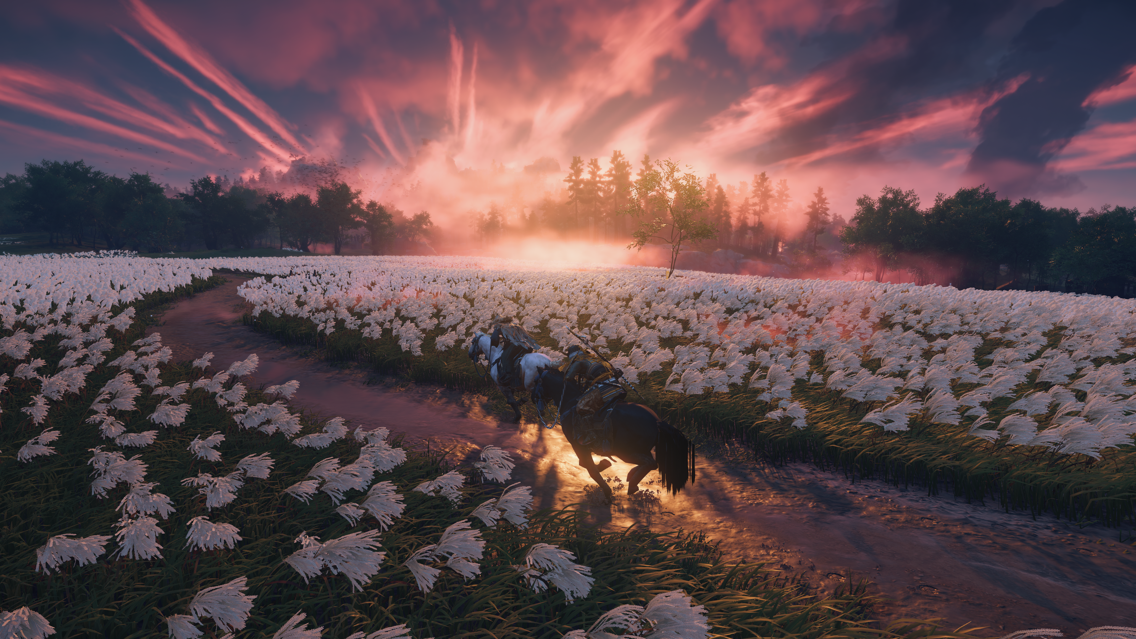 Ghost Of Tsushima Samurai Video Game Characters CGi Sunset Sunset Glow Flowers Path Clouds Sky Trees 3840x2160