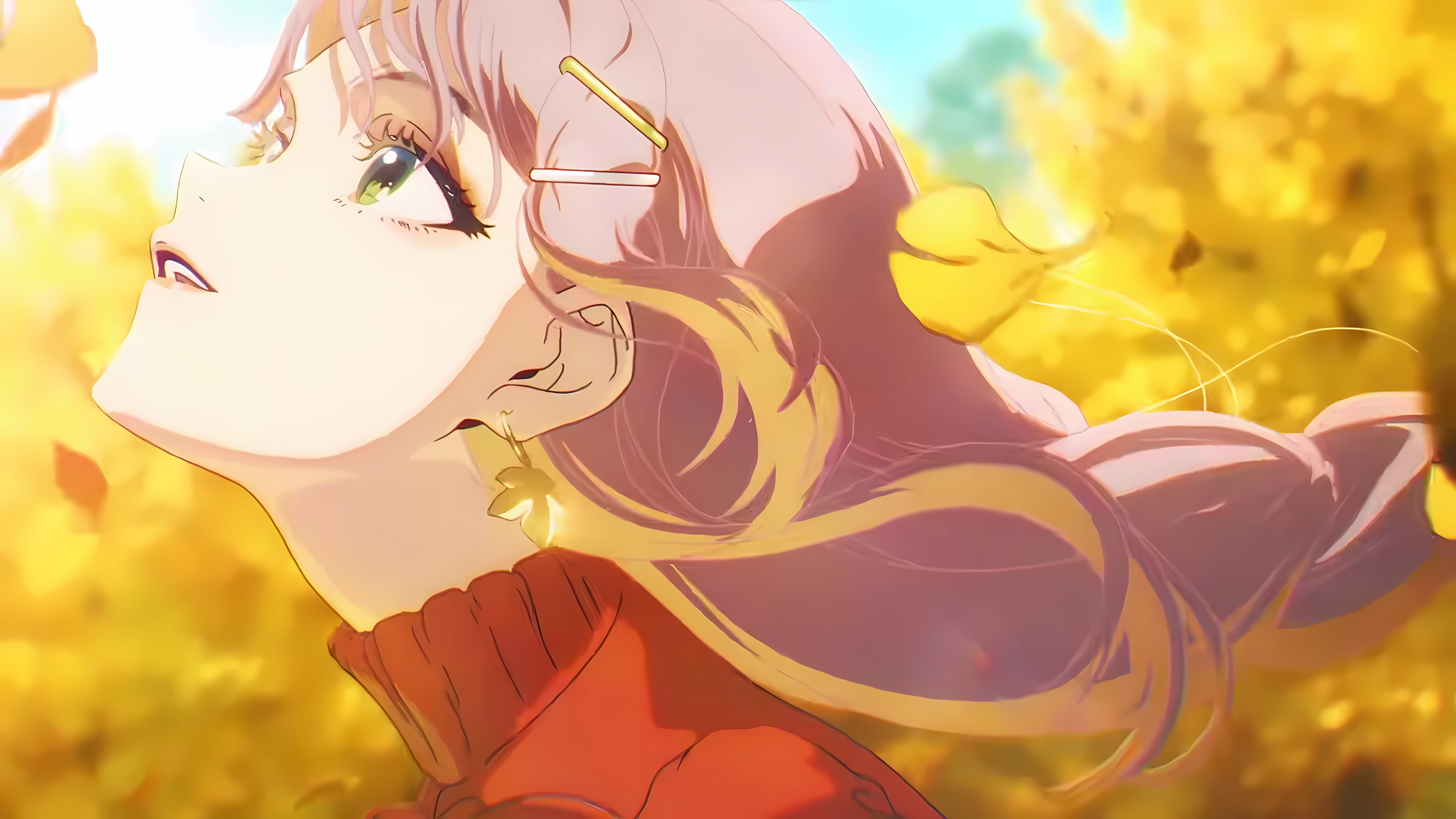 Yoneyama Mai Anime Girls Anime Screenshot Earring Leaves Looking Up Long Hair 7680x4320