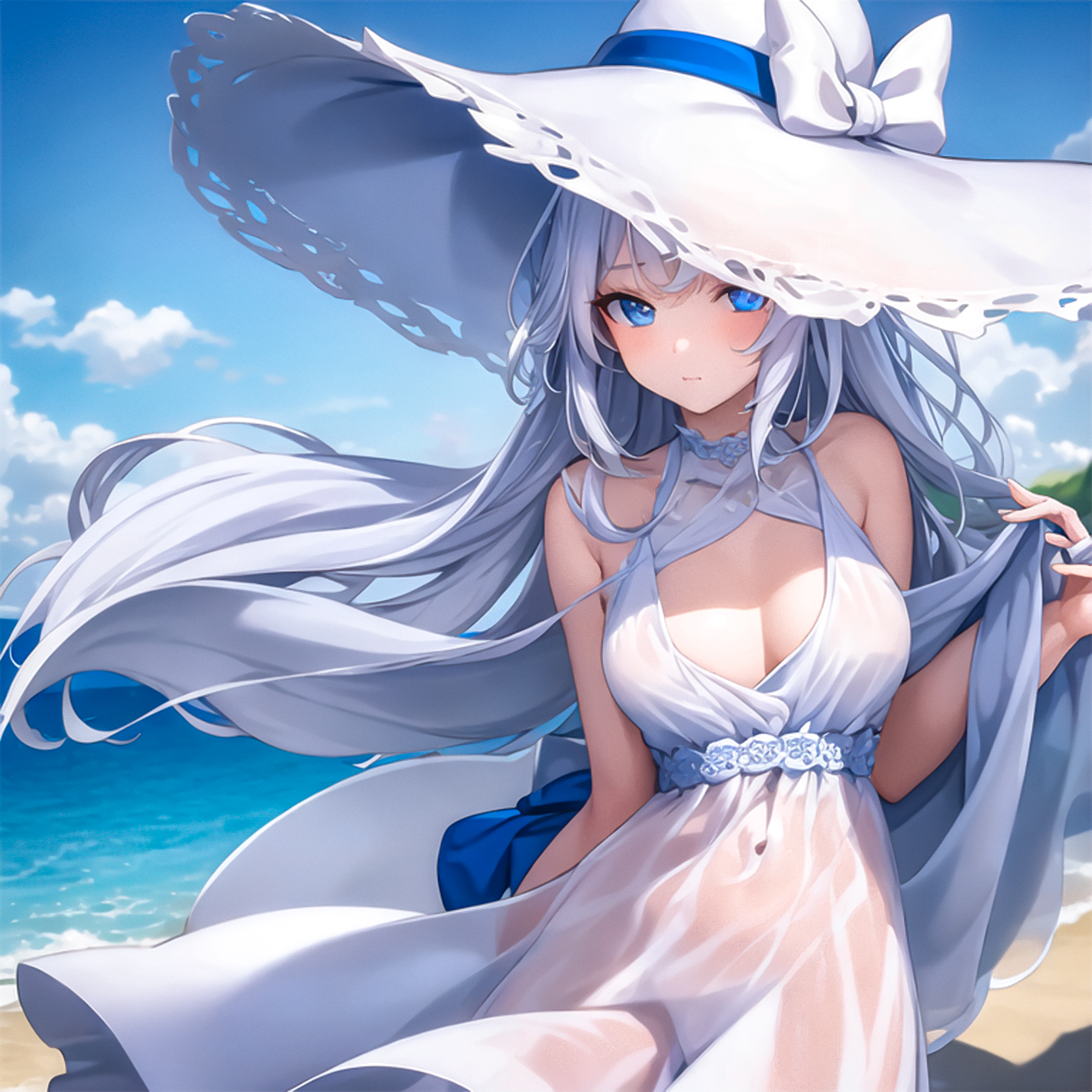 Anime Girls White Hair Blue Eyes Big Hat Long Hair Beach Windy White Dress Vertical Straw Hat Water  4096x4096