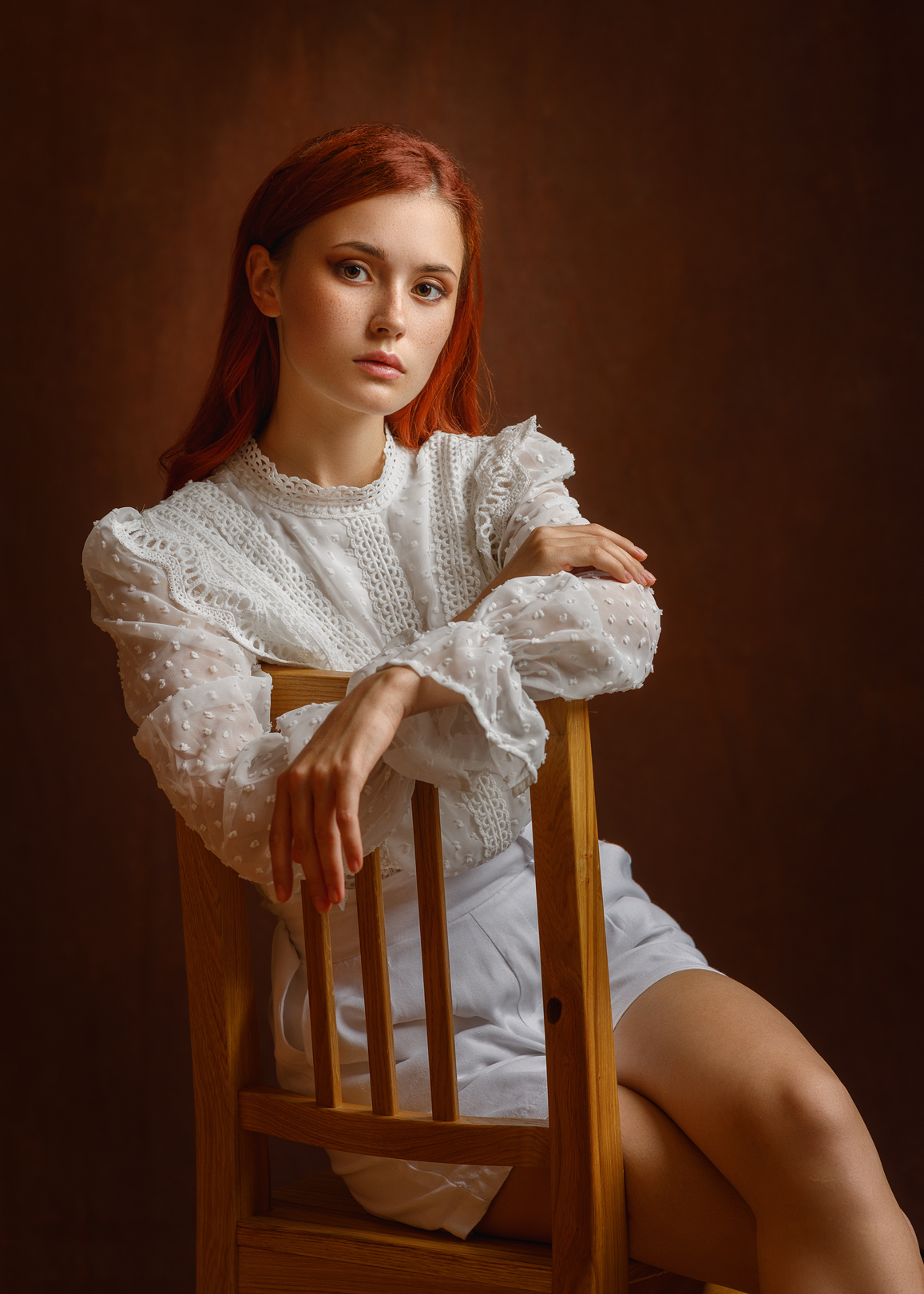 Sergey Sergeev Women Redhead Freckles White Clothing Chair 1157x1620