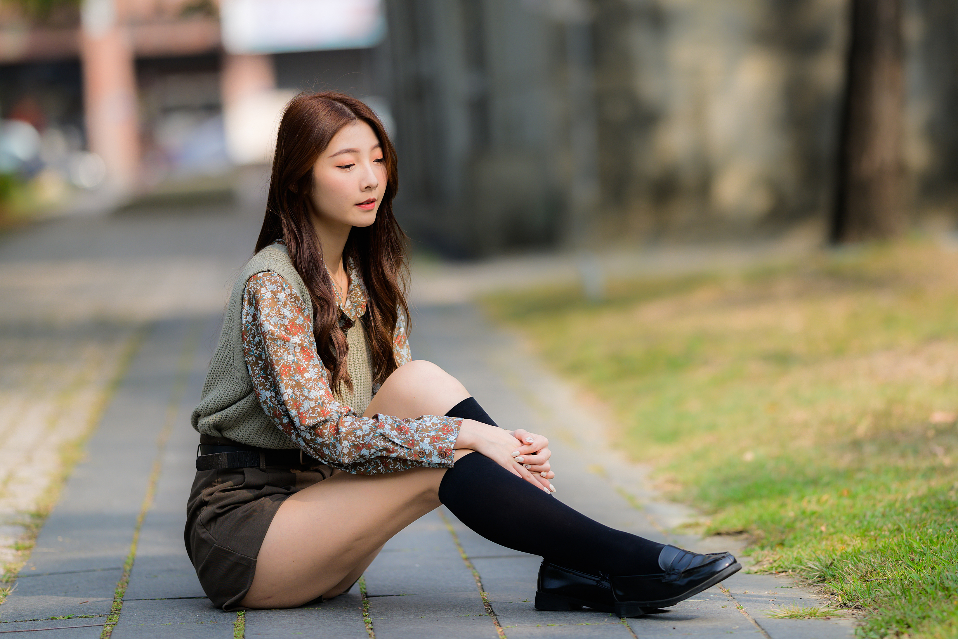 Asian Model Women Dark Hair Long Hair Sitting Knee High Socks Depth Of Field 3280x2187