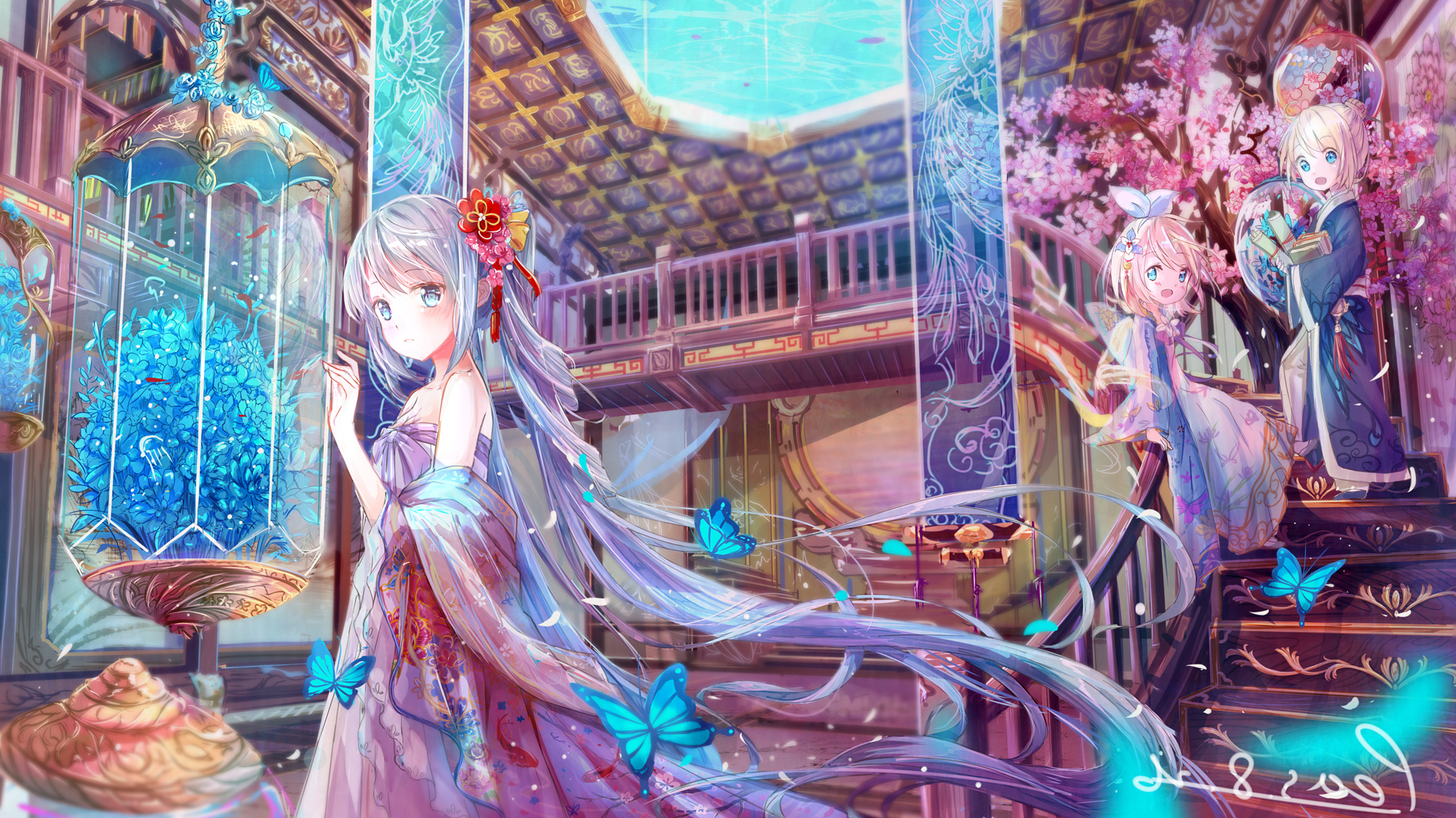 Anime Anime Girls Butterfly Cherry Blossom Long Hair Stairs Flowers Looking At Viewer Interior Petal 1920x1080