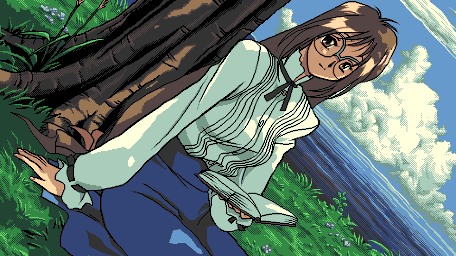 PC 98 Pixel Art Anime Girls Digital Art Game CG Sitting Glasses Trees Looking At Viewer Clouds Water 1920x1080