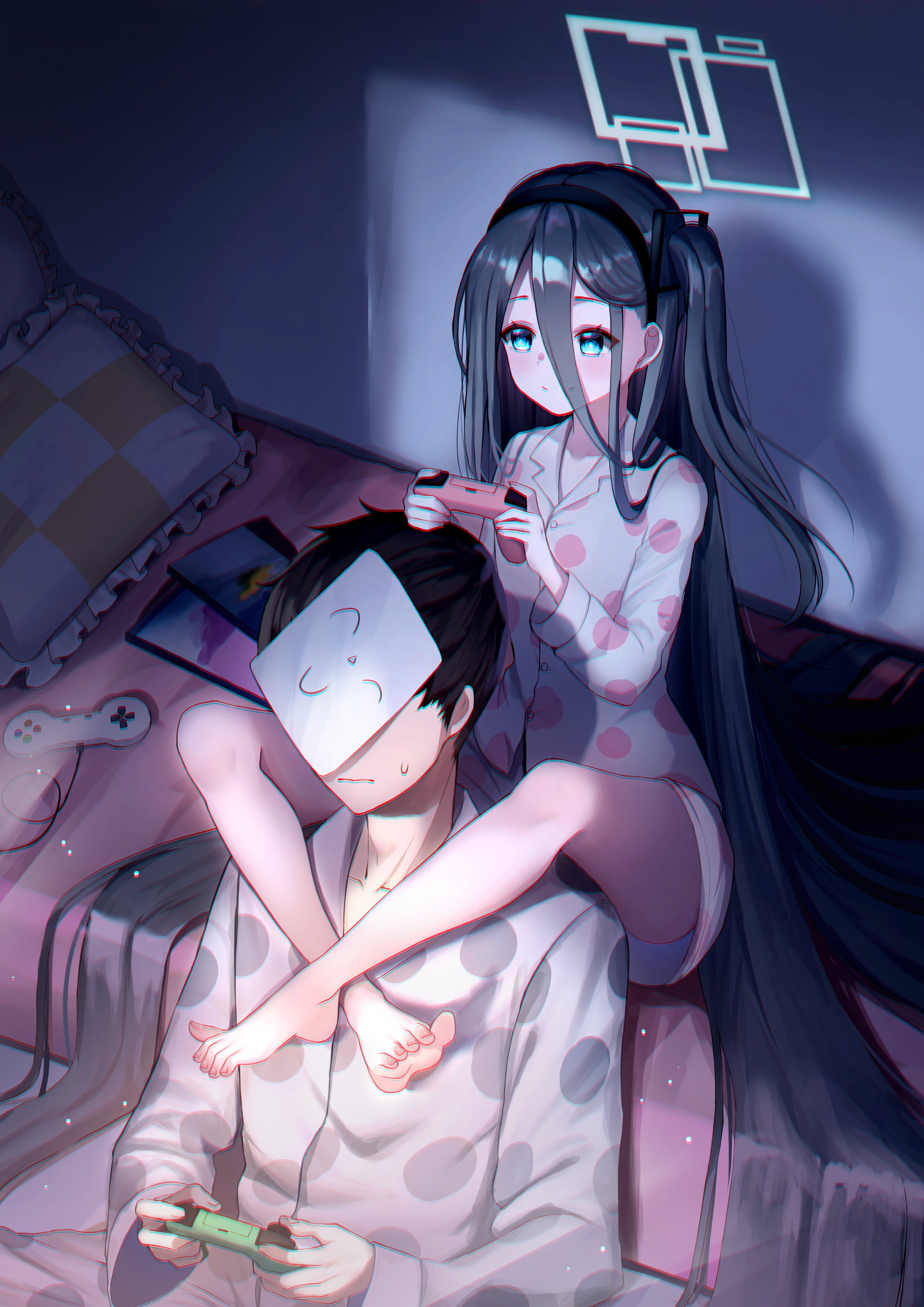 Siblings Hair Blue Archive Anime Girls Vertical Controllers Bed Pillow Long Hair Anime Boys 2896x4096