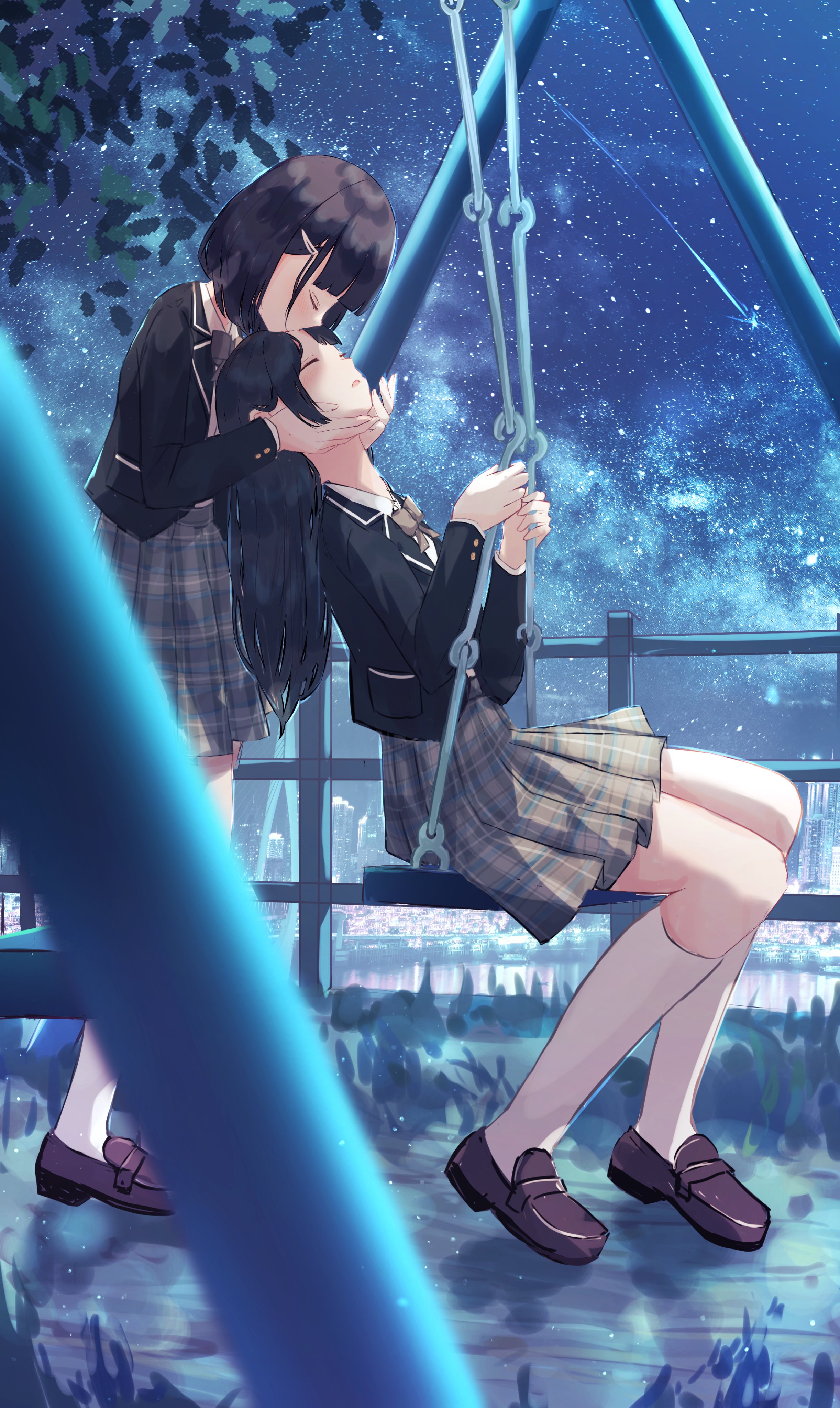 Benevole Anime Girls Two Women Swings Schoolgirl School Uniform Stars Kissing Starry Night Starred S 2444x4096