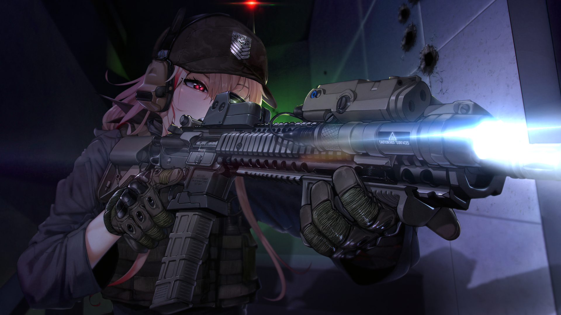 Military Girl With Weapon Anime Girls Red Eyes Gun Hat Girls Frontline M4 Sopmod Ii 1920x1080