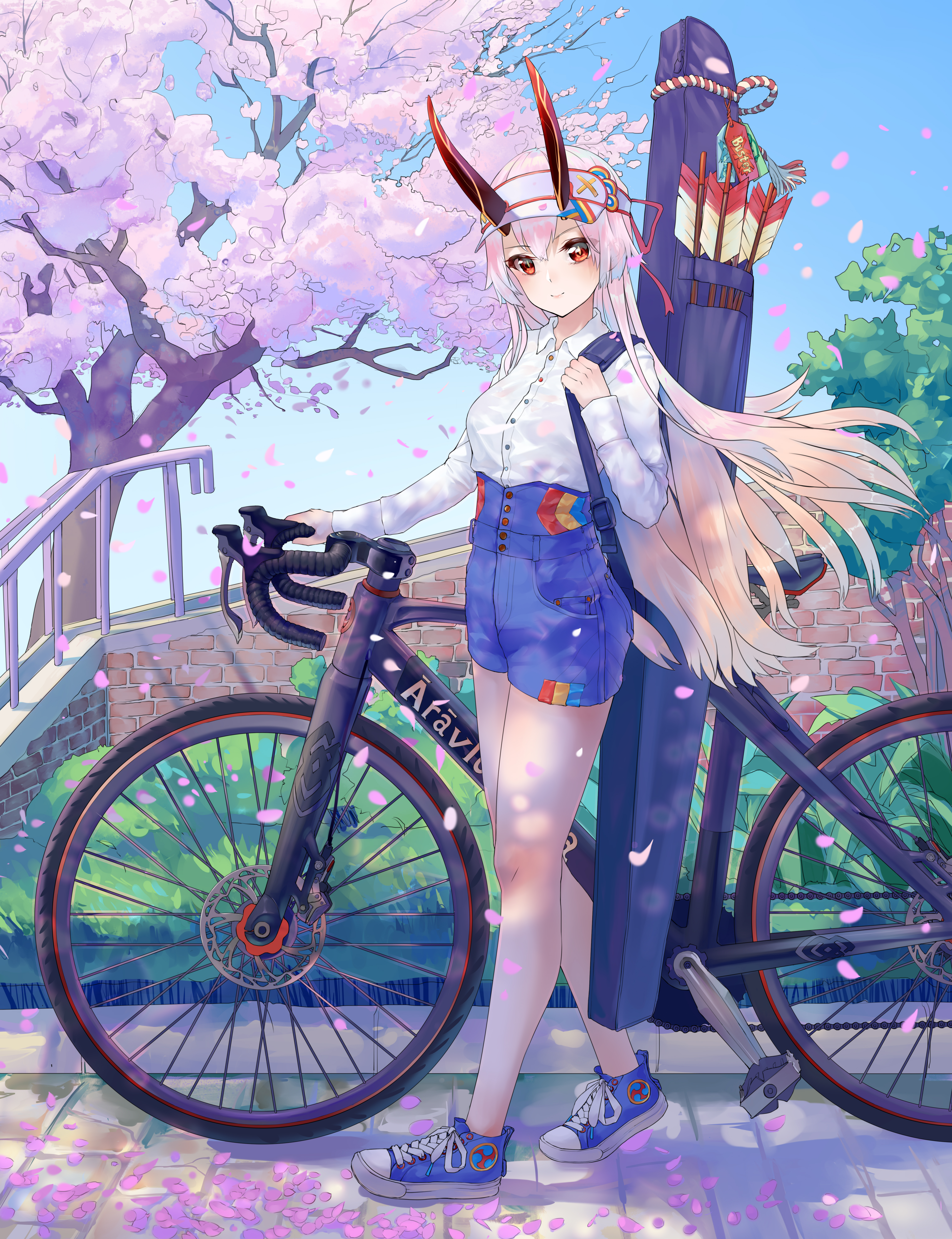Fate Series Fate Grand Order Tomoe Gozen Fate Grand Order Anime Girls Bicycle Petals Red Eyes Arrow 4562x5935