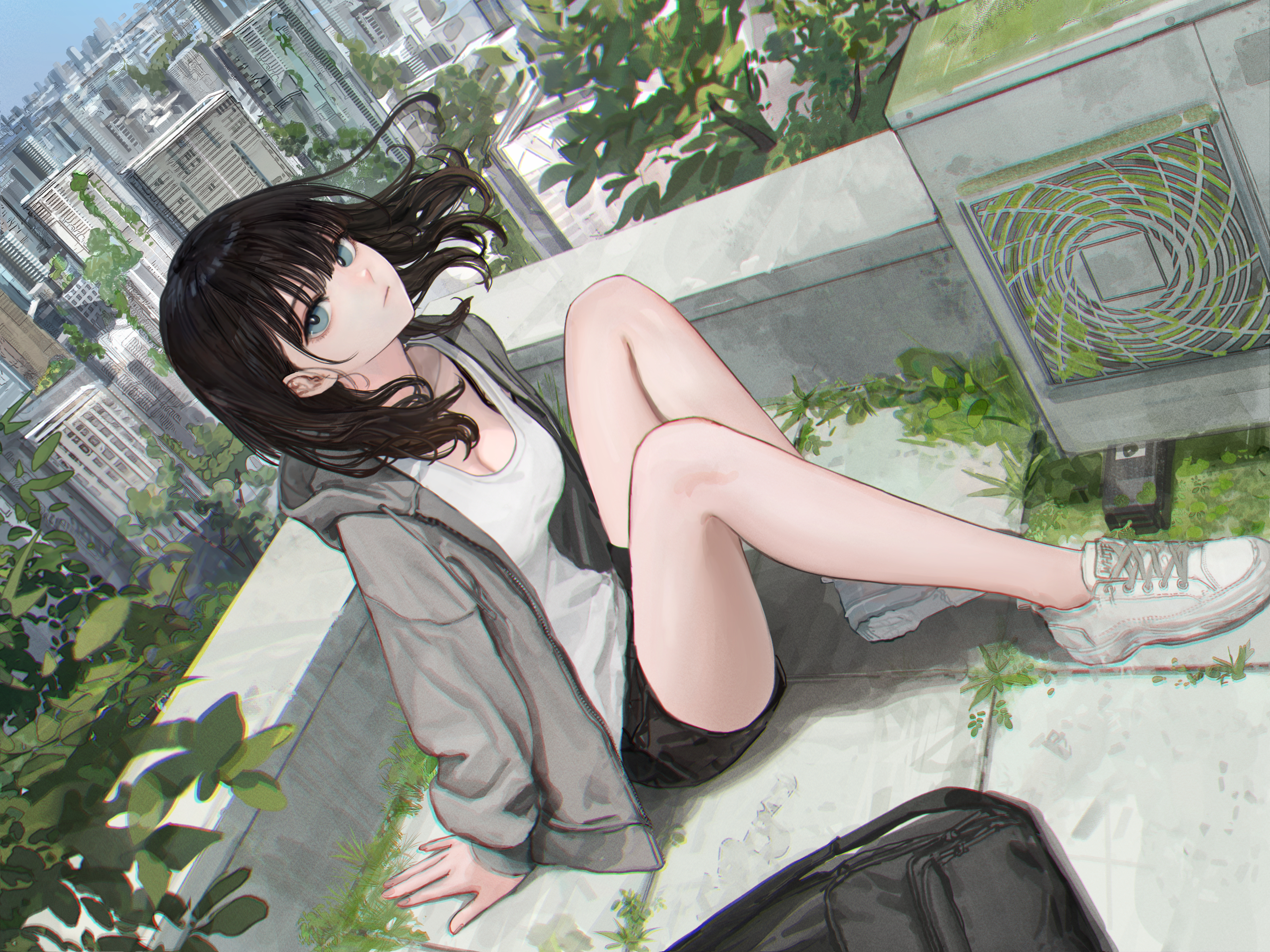 Anime Illustration Anime Girls Artwork Short Hair Sneakers Jacket Rooftops Outdoors City Gray Eyes L 3200x2400