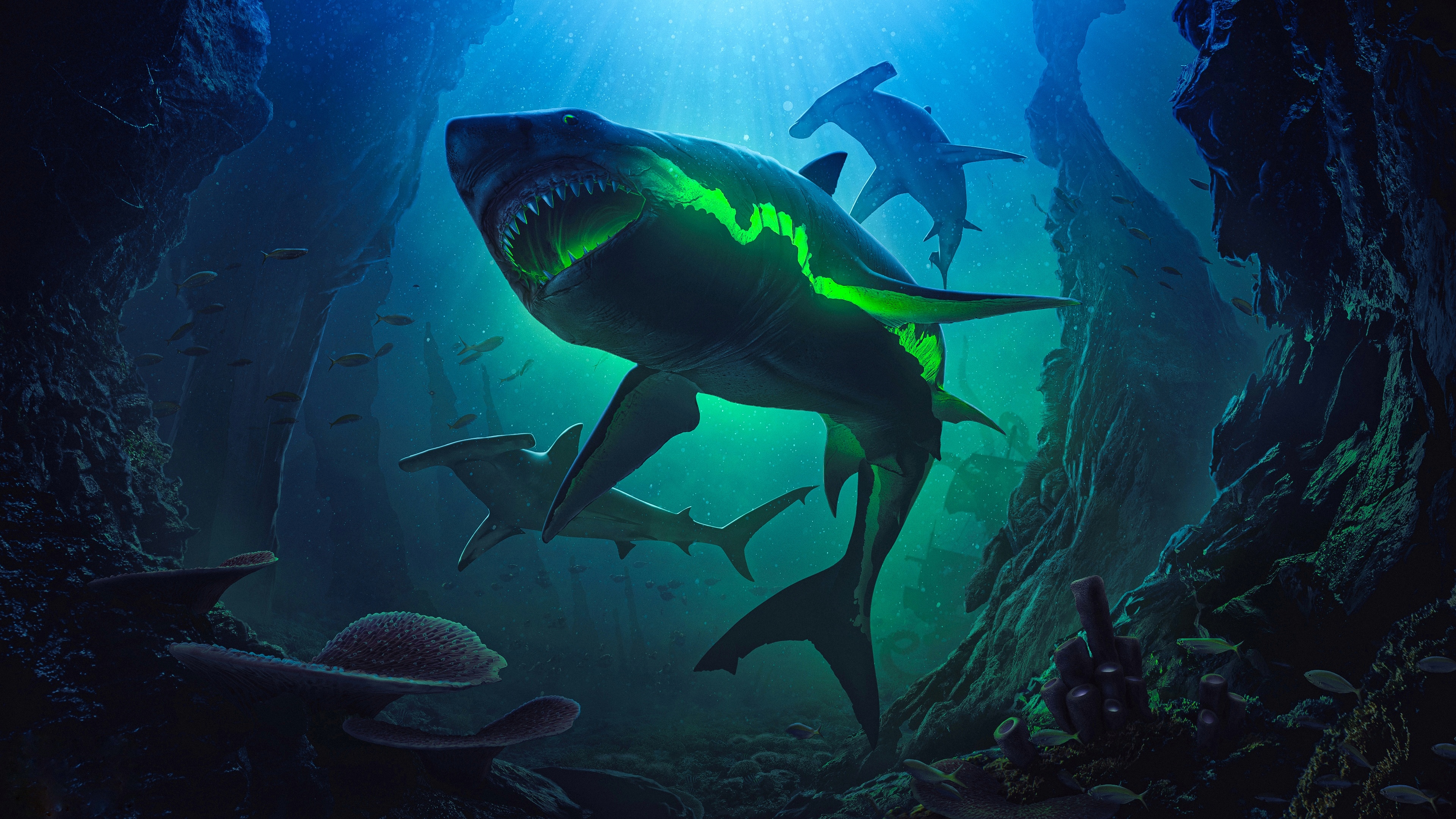 Shark Sea Deep Sea Fish Bennyproductions Digital Art Underwater Water  Animals Coral Glowing Sun Rays Wallpaper - Resolution:3840x2160 -  ID:1353377 