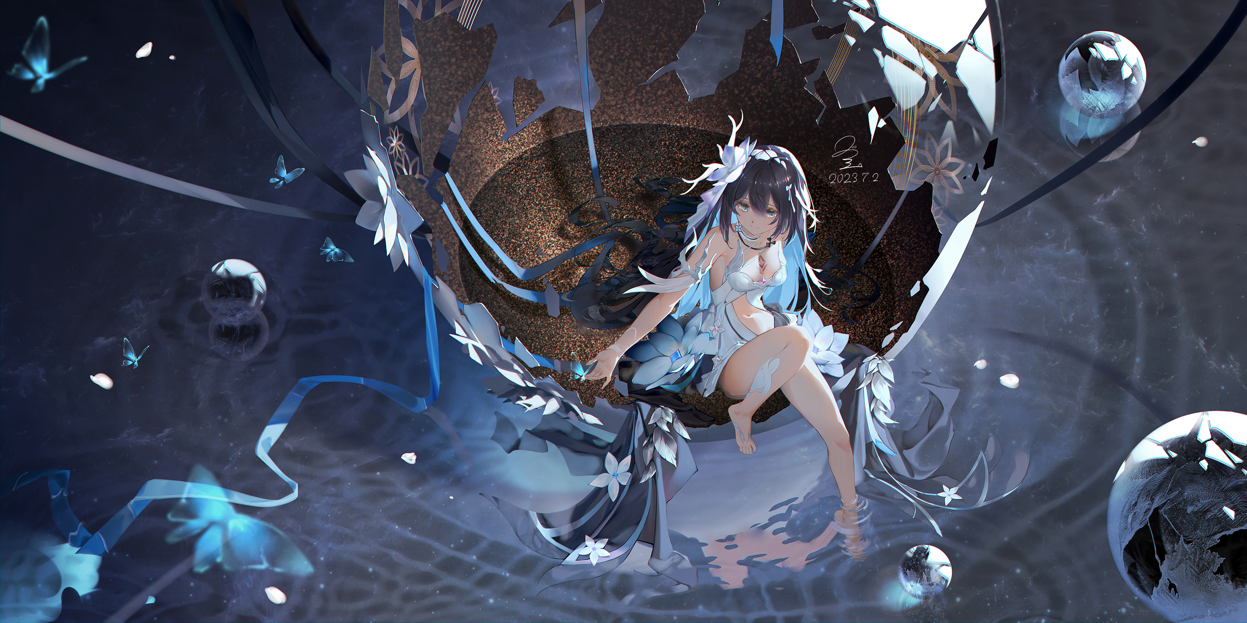 Anime Anime Girls Dress Long Hair Smiling Sphere Reflection Butterfly Insect Looking At Viewer Feet  4000x2000