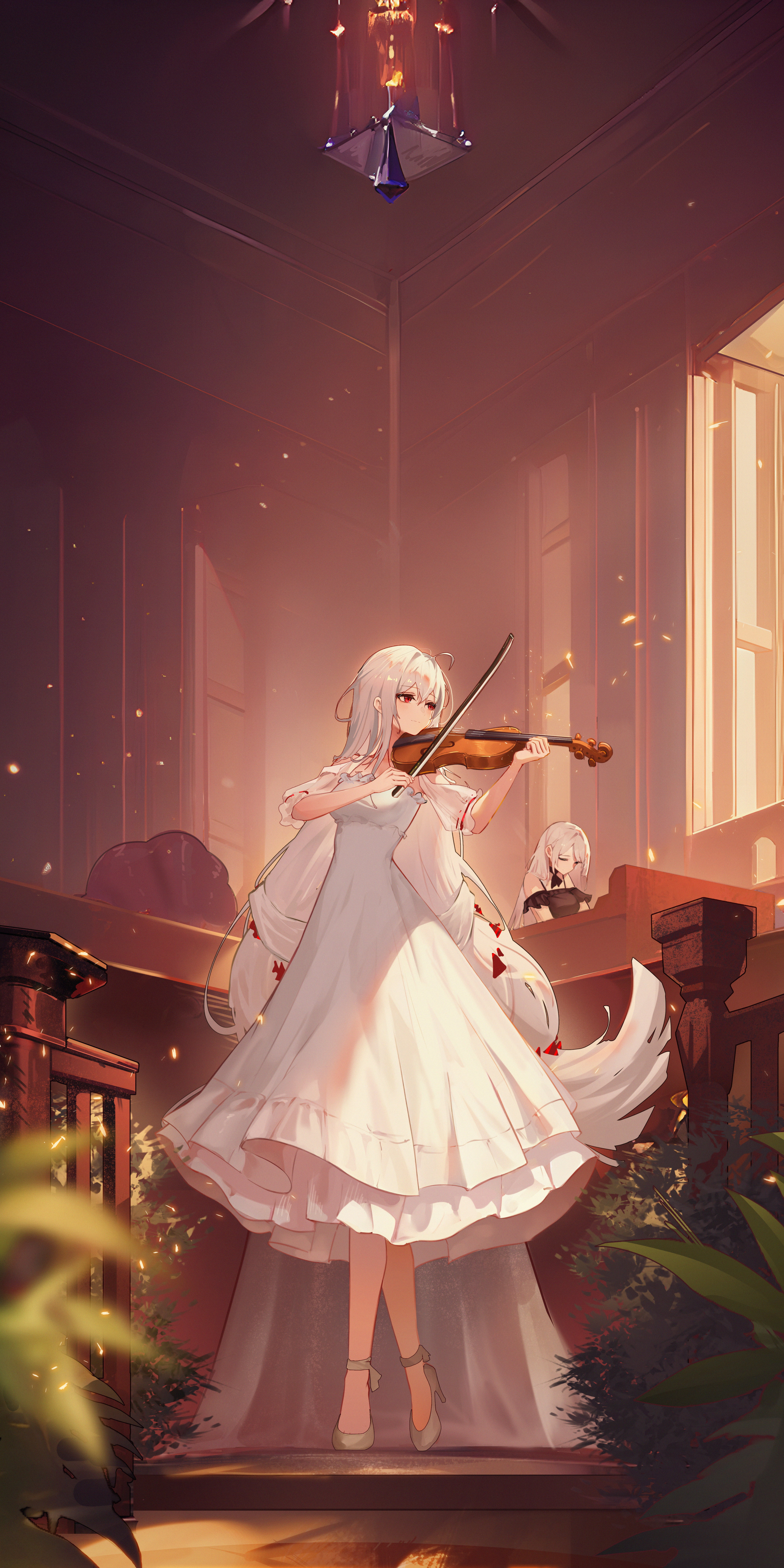 Anime Pixiv Anime Girls Violin Musical Instrument Dress Portrait Display Leaves Standing Heels Tipto 3992x7984
